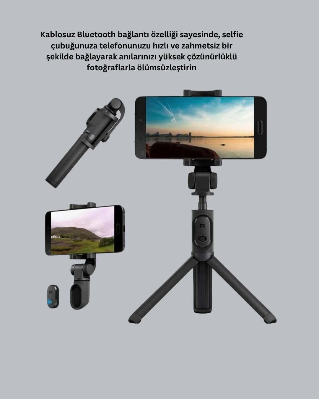 Bluetooth Selfie Çubuğu – 360° Dönebilen Başlık, Kablosuz Bağlantı