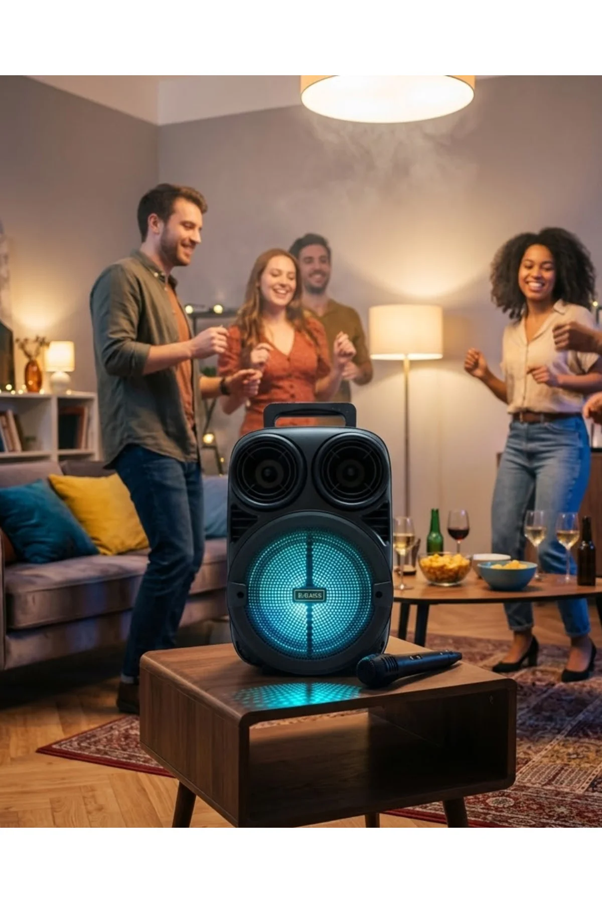 Bluetooth Taşınabilir Karaoke Hoparlör 6.5 İnç Mikrofonlu RGB Işıklı USB TF Kart Destekli