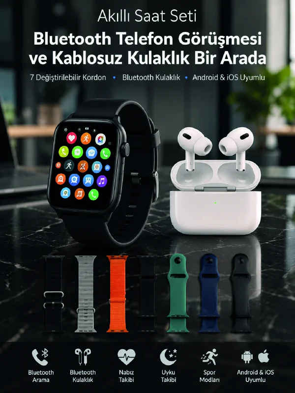 Bluetooth Telefon Görüşmeli Akıllı Saat Seti Kablosuz Bluetooth Kulaklık 7 Değiştirilebilir Kordon Bluetooth Telefon Görüşmeli Akıllı Saat Seti Kablosuz Bluetooth Kulaklık 7 Değiştirilebilir Kordon