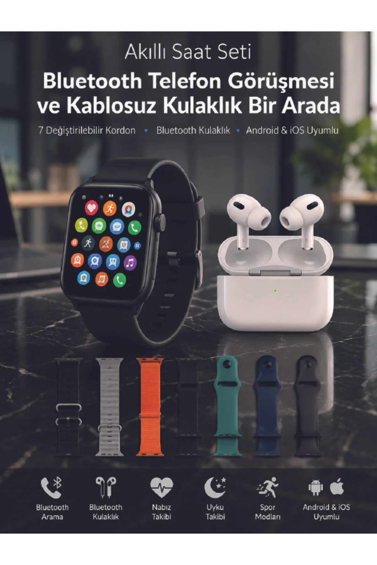 Bluetooth Telefon Görüşmeli Akıllı Saat Seti Kablosuz Bluetooth Kulaklık 7 Değiştirilebilir Kordon Bluetooth Telefon Görüşmeli Akıllı Saat Seti Kablosuz Bluetooth Kulaklık 7 Değiştirilebilir Kordon