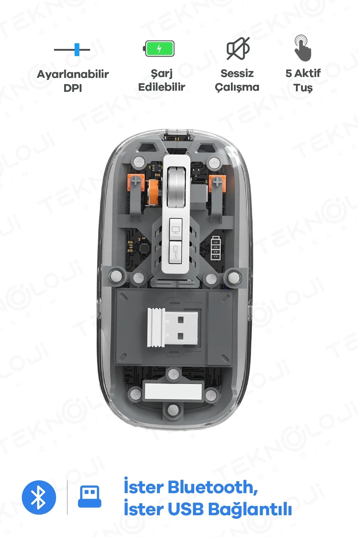 Bluetooth USB Çift Modlu Sessiz Mouse, Şeffaf Mıknatıslı Kapaklı, Type-C Şarjlı, DPI Ayarlı, Kablosuz 10m Çekim Mesafeli, Masaüstü Kısayol Tuşlu, Taşı Fiyatı, Yorumları ve Özellikleri