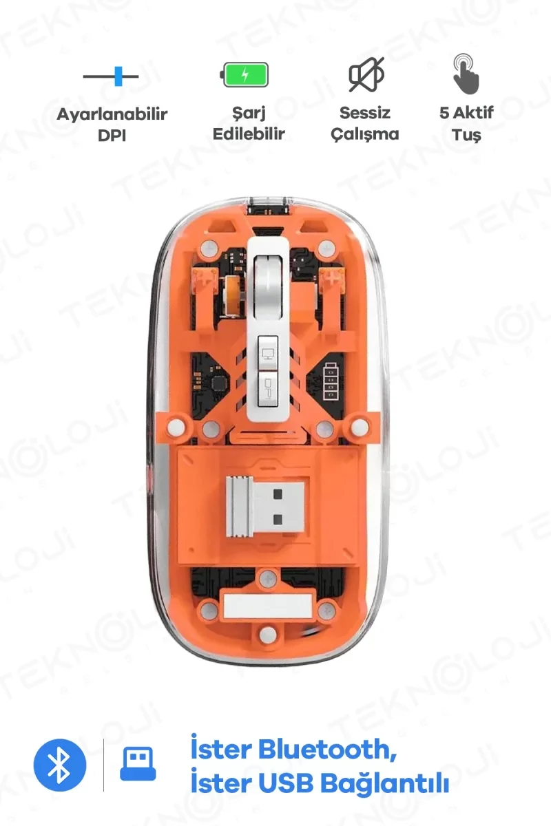 Bluetooth USB Çift Modlu Sessiz Mouse, Şeffaf Mıknatıslı Kapaklı, Type-C Şarjlı, DPI Ayarlı, Kablosuz 10m Çekim Mesafeli, Masaüstü Kısayol Tuşlu, Taşı