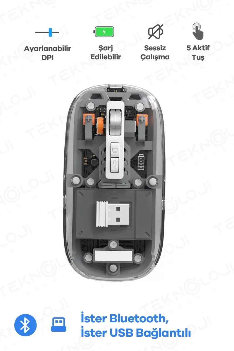 Bluetooth USB Çift Modlu Sessiz Mouse, Şeffaf Mıknatıslı Kapaklı, Type-C Şarjlı, DPI Ayarlı, Kablosuz 10m Çekim Mesafeli, Masaüstü Kısayol Tuşlu, Taşı