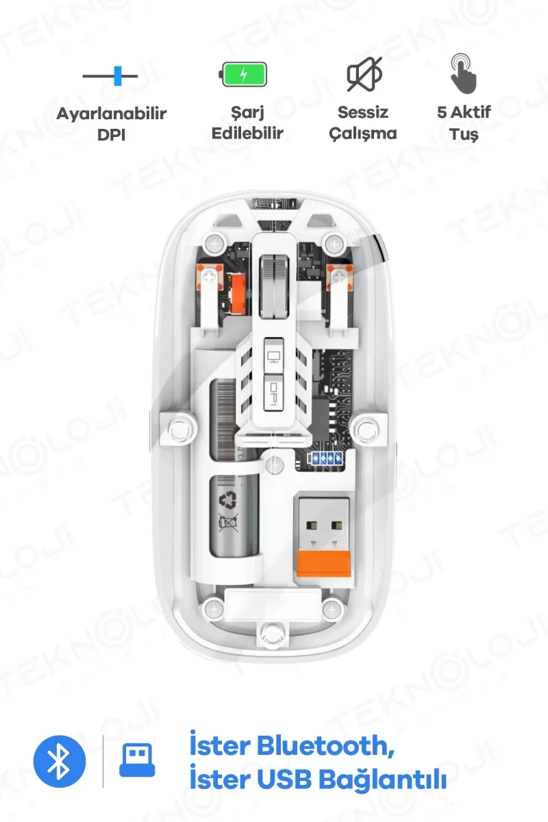 Bluetooth USB Çift Modlu Sessiz Mouse, Şeffaf Mıknatıslı Kapaklı, Type-C Şarjlı, DPI Ayarlı, Kablosuz 10m Çekim Mesafeli, Masaüstü Kısayol Tuşlu, Taşı