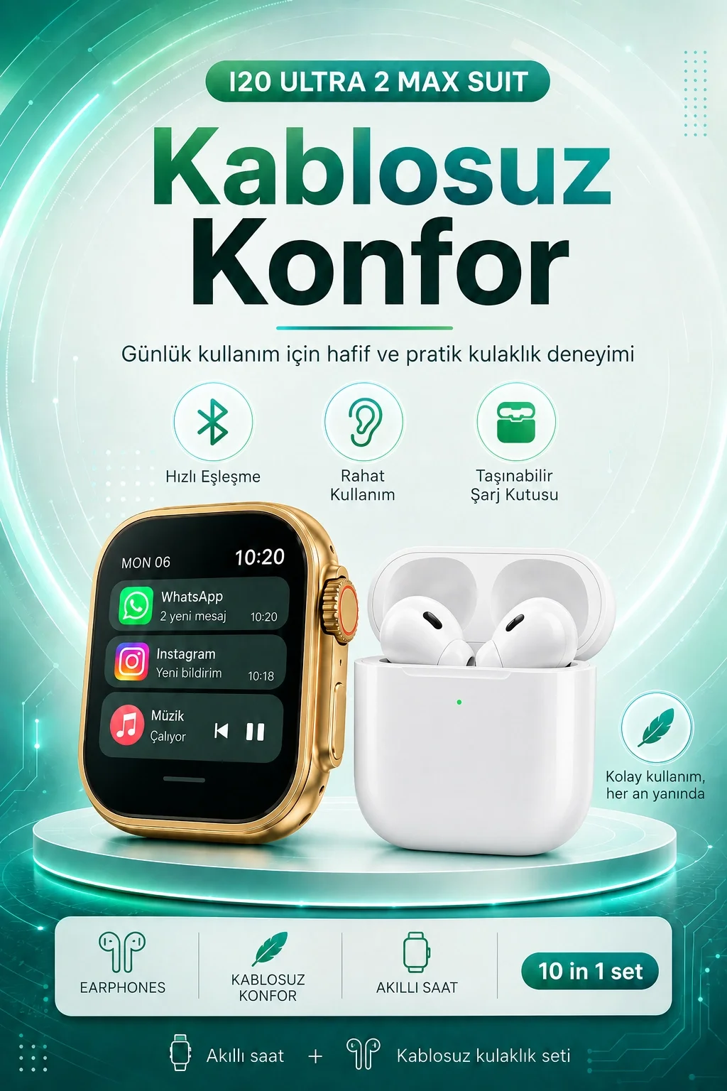 Bluetooth Uyumlu Akıllı Saat Ve Kablosuz Kulaklık Günlük Kullanıma Uygun Set
