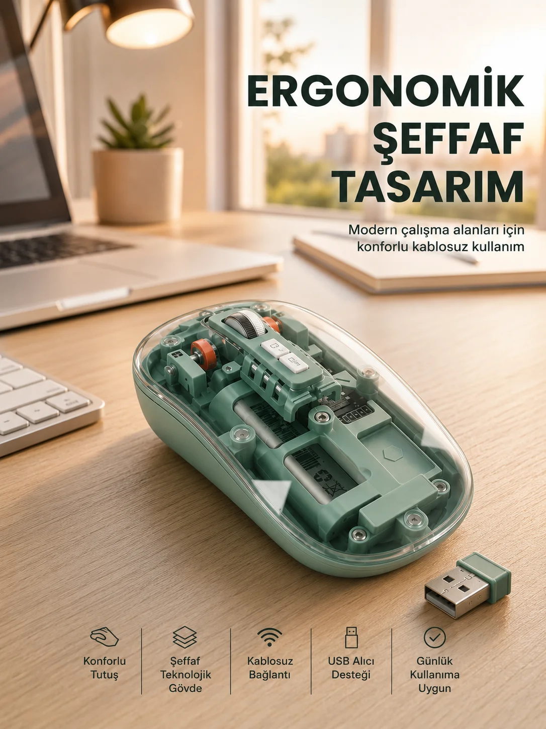 Bluetooth ve 2.4G USB Destekli Pilli Kablosuz Şeffaf Mouse Yeni Nesil