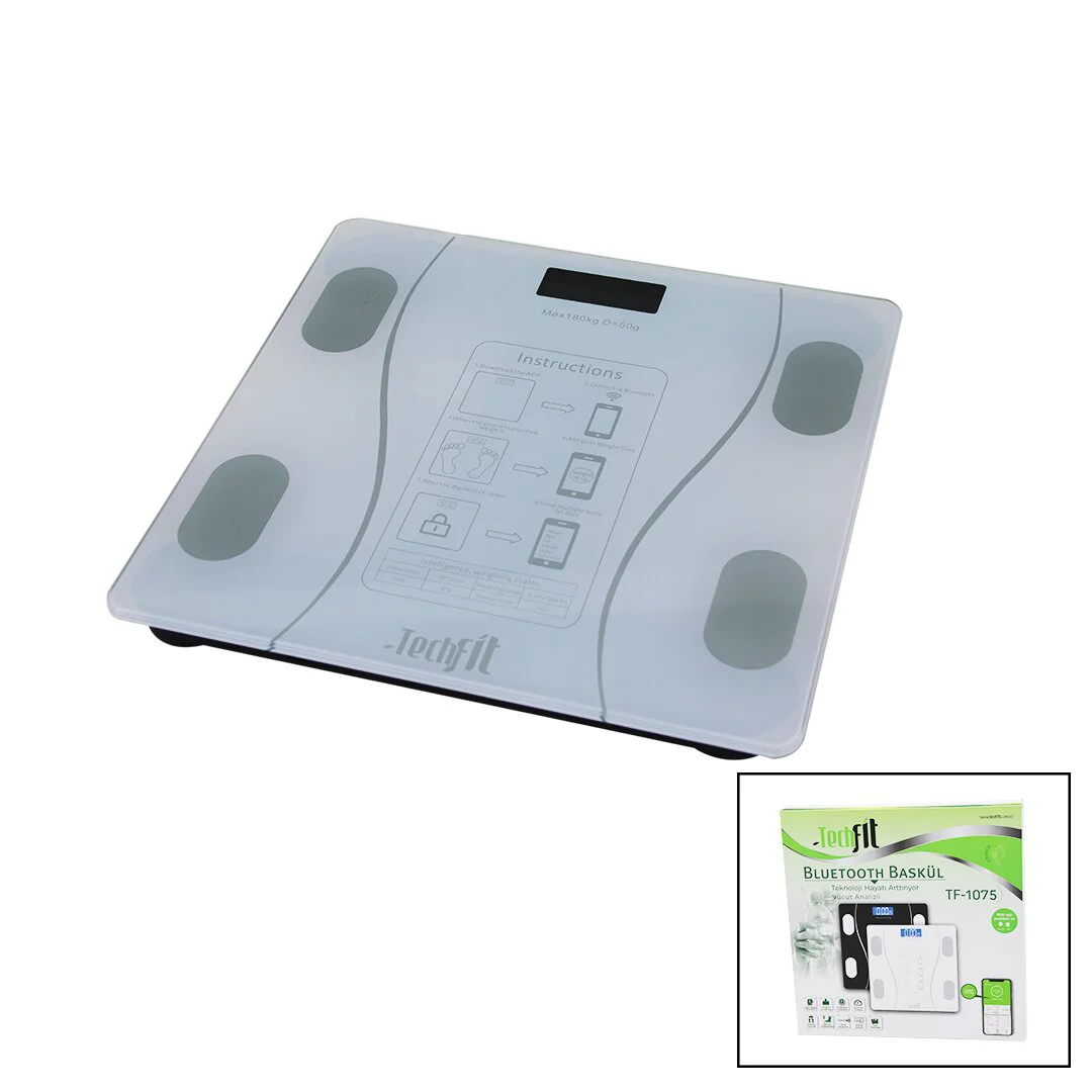 BLUETOOTH VÜCUT ANALİZLİ DİJİTAL BASKÜL TERAZİ 180KG/50G YAĞ -SU -KAS ORAN -BMI -ODA ℃ TF-1075
