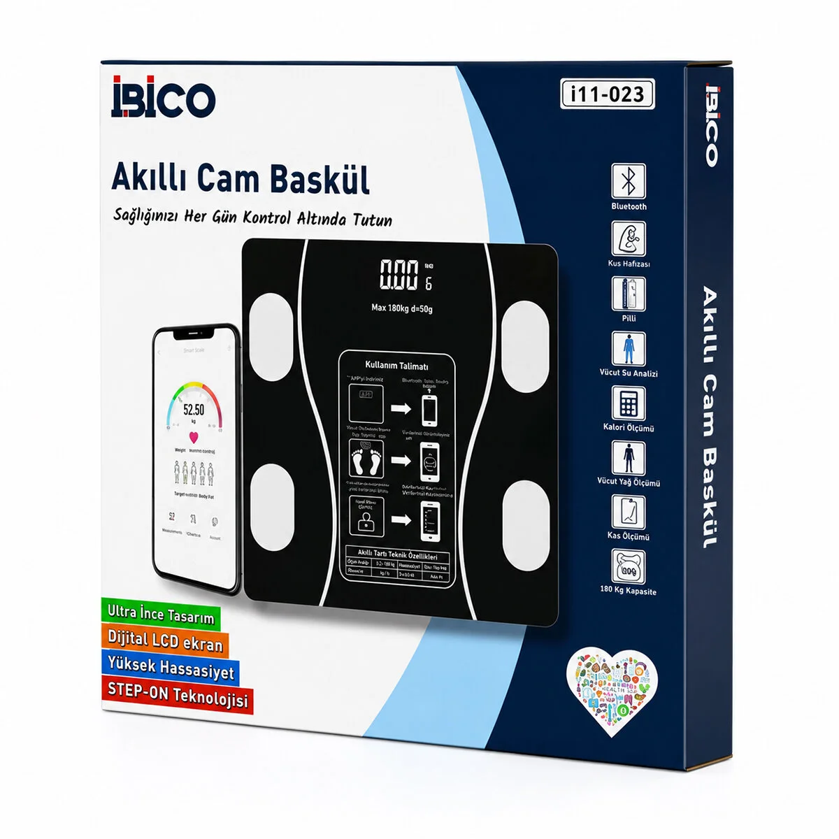 Bluetooth - Vücut Analizli Dijital Baskül Terazi Tartı 180KG/50G Yağ - Su - Kas Oran - Bmı İ11-023 Fiyatı, Yorumları ve Özellikleri