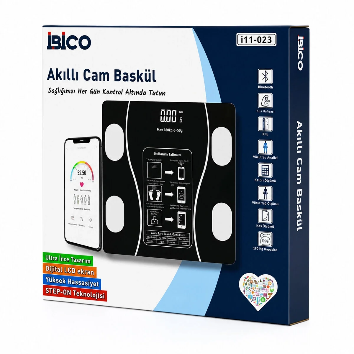 Bluetooth - Vücut Analizli Dijital Baskül Terazi Tartı 180kg/50g Yağ - Su - Kas Oran - Bmı İ11-023 Bx40 Fiyatı, Yorumları ve Özellikleri