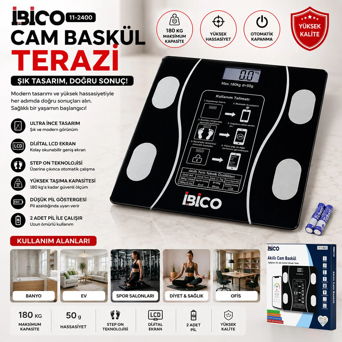 Bluetooth - Vücut Analizli Dijital Baskül Terazi Tartı 180KG/50G Yağ - Su - Kas Oran - Bmı İ11-023 Fiyatı, Yorumları ve Özellikleri