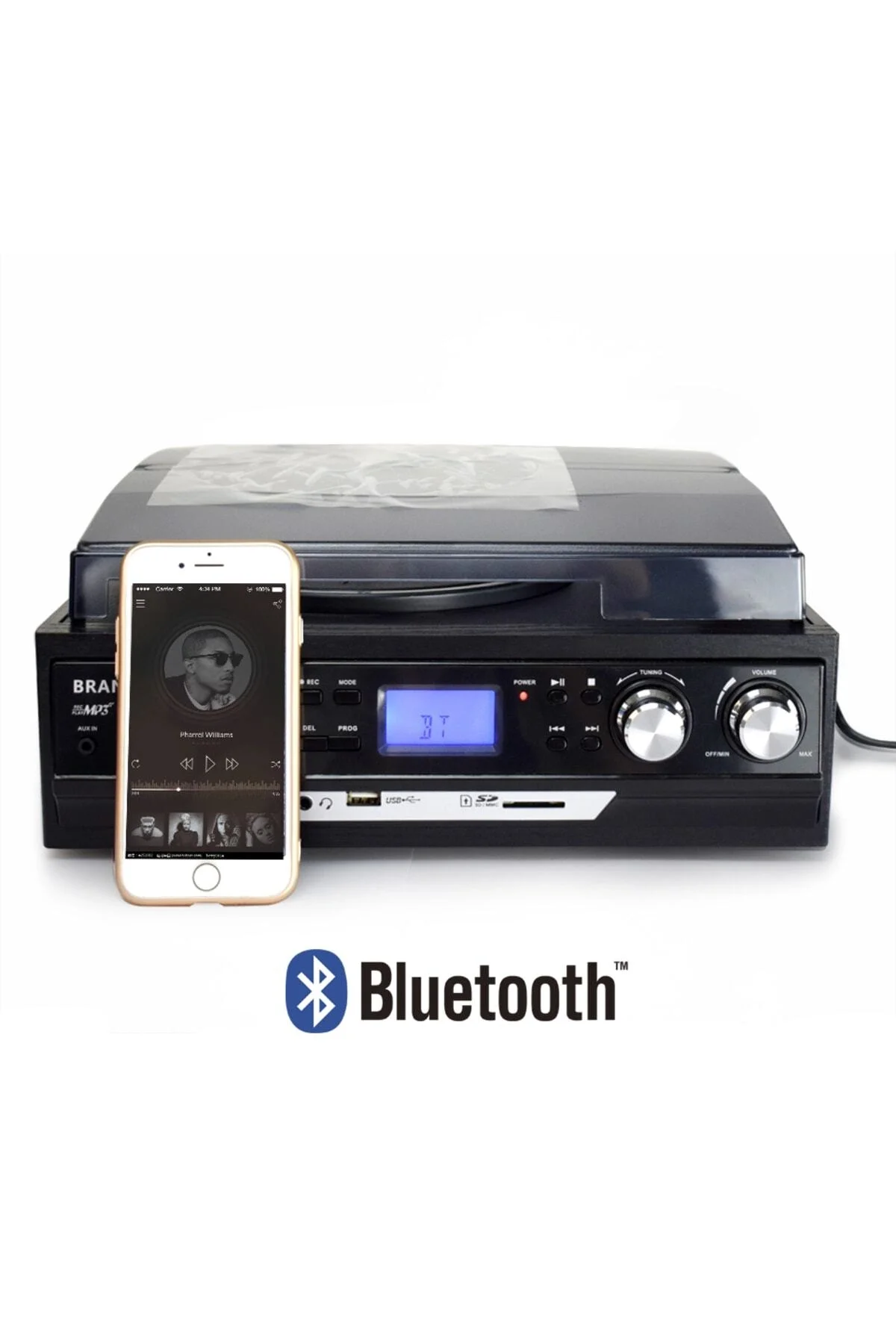 Bluetoothlu kumandalı hoparlörlü pikap radyo kaset usb mp3 çalar siyah 2 yıl garantili