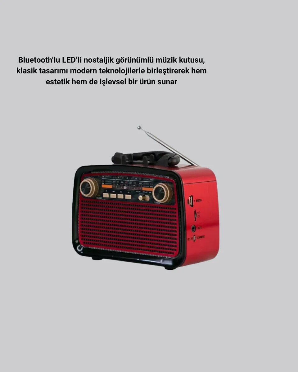 Bluetooth'lu LED Işıklı Nostaljik Müzik Kutusu – Ahşap Dokulu Vintage Tasarım ve Yüksek Ses Kalitesi