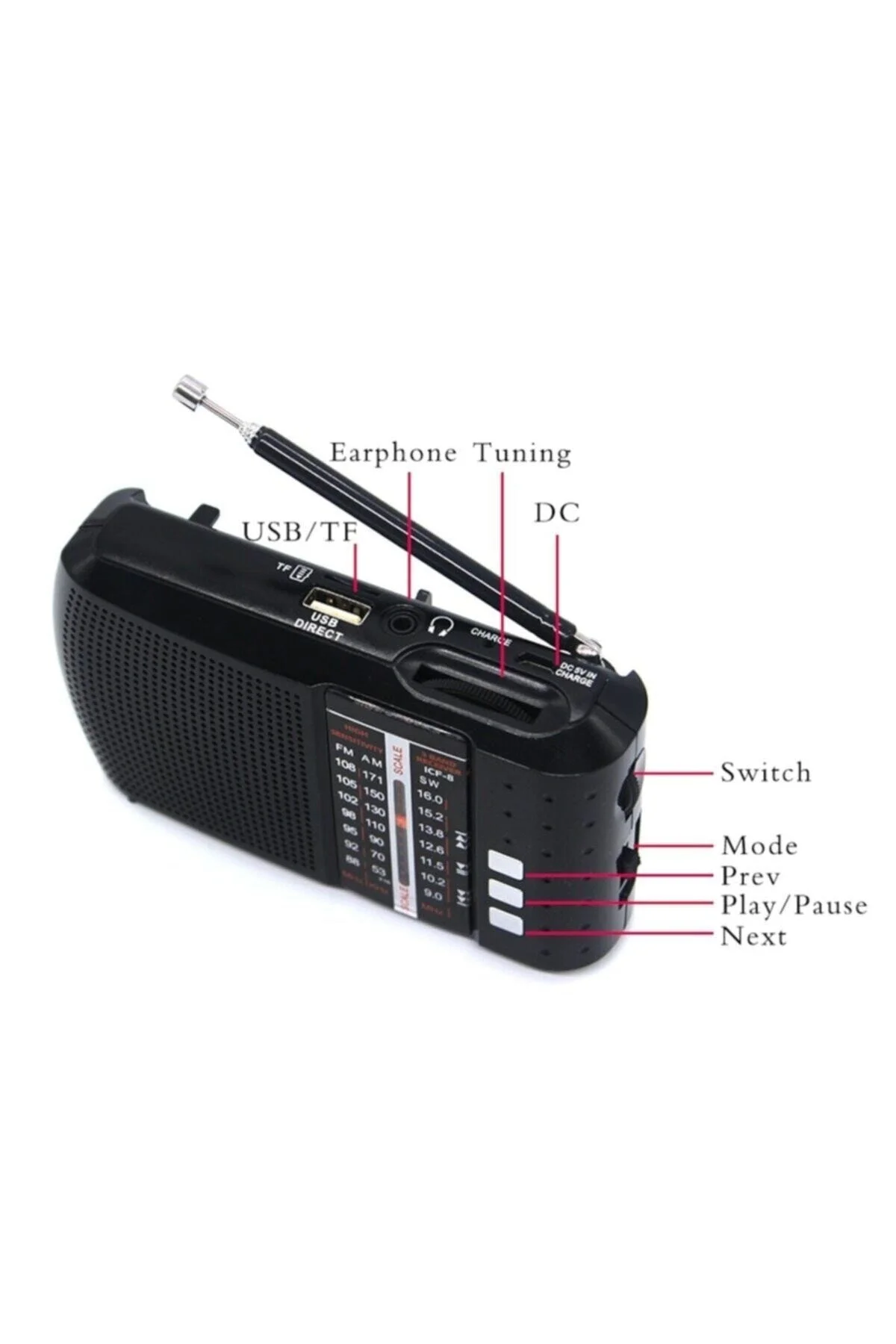 Bluetoothlu şarjlı cep radyosu FM radyo USB TF kart girişli çok renkli 2 yıl garantili