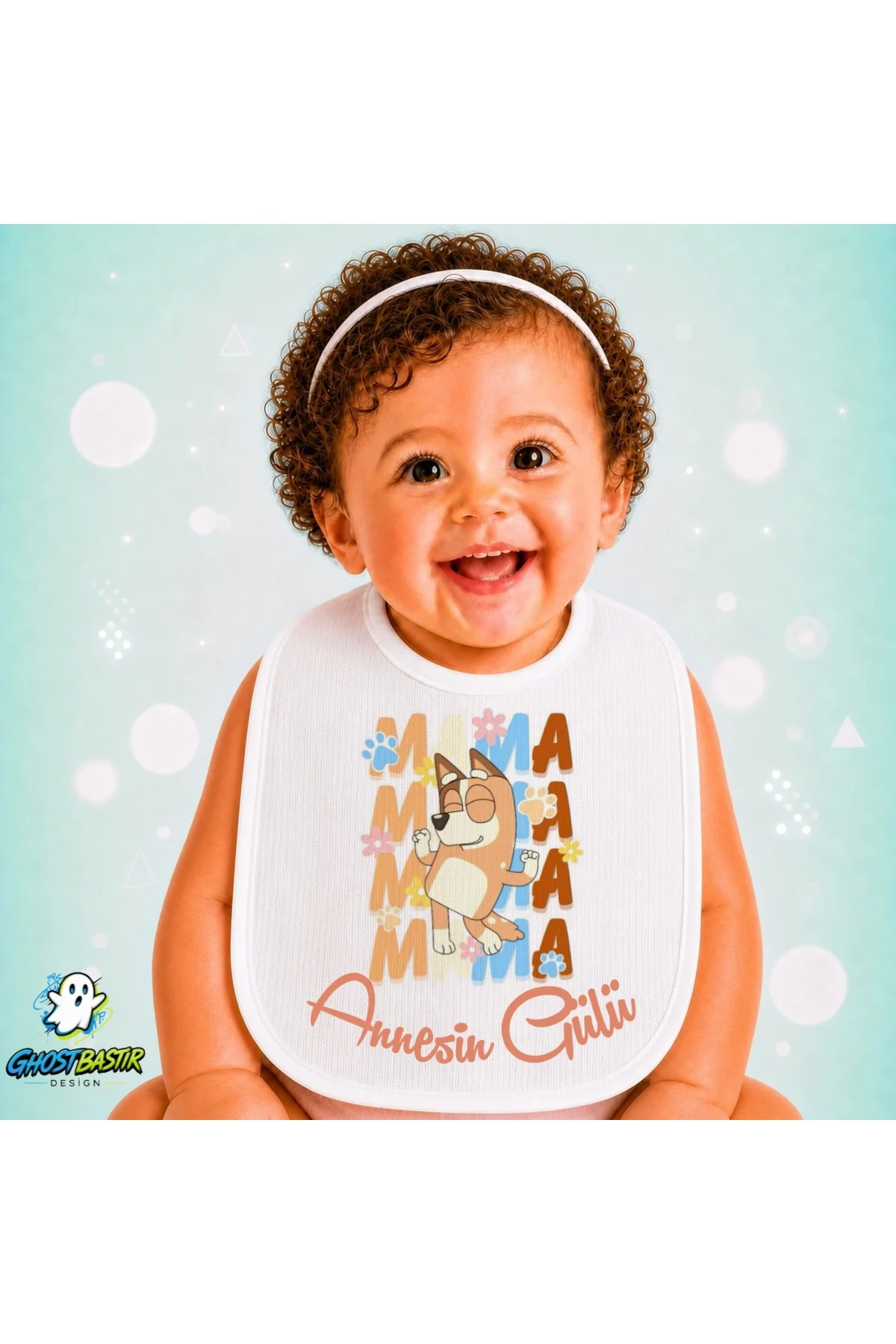 Bluey Annesinin Gülü Keten Bebek Mama Önlüğü – Yumuşak, Emici, Yıkanabilir, Özel Tasarım P027