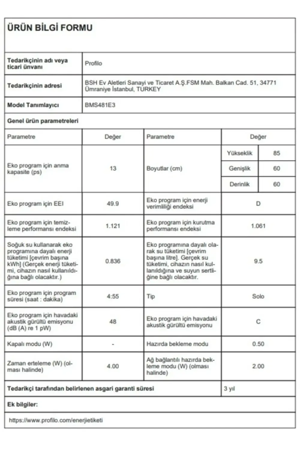 Bms481e3 4 Programlı 13 Kişilik Bulaşık Makinesi
