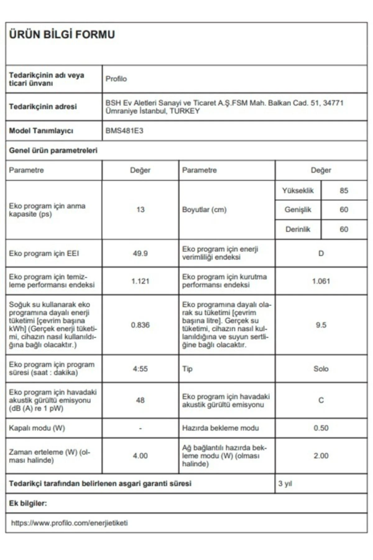 Bms481e3 4 Programlı 13 Kişilik Bulaşık Makinesi