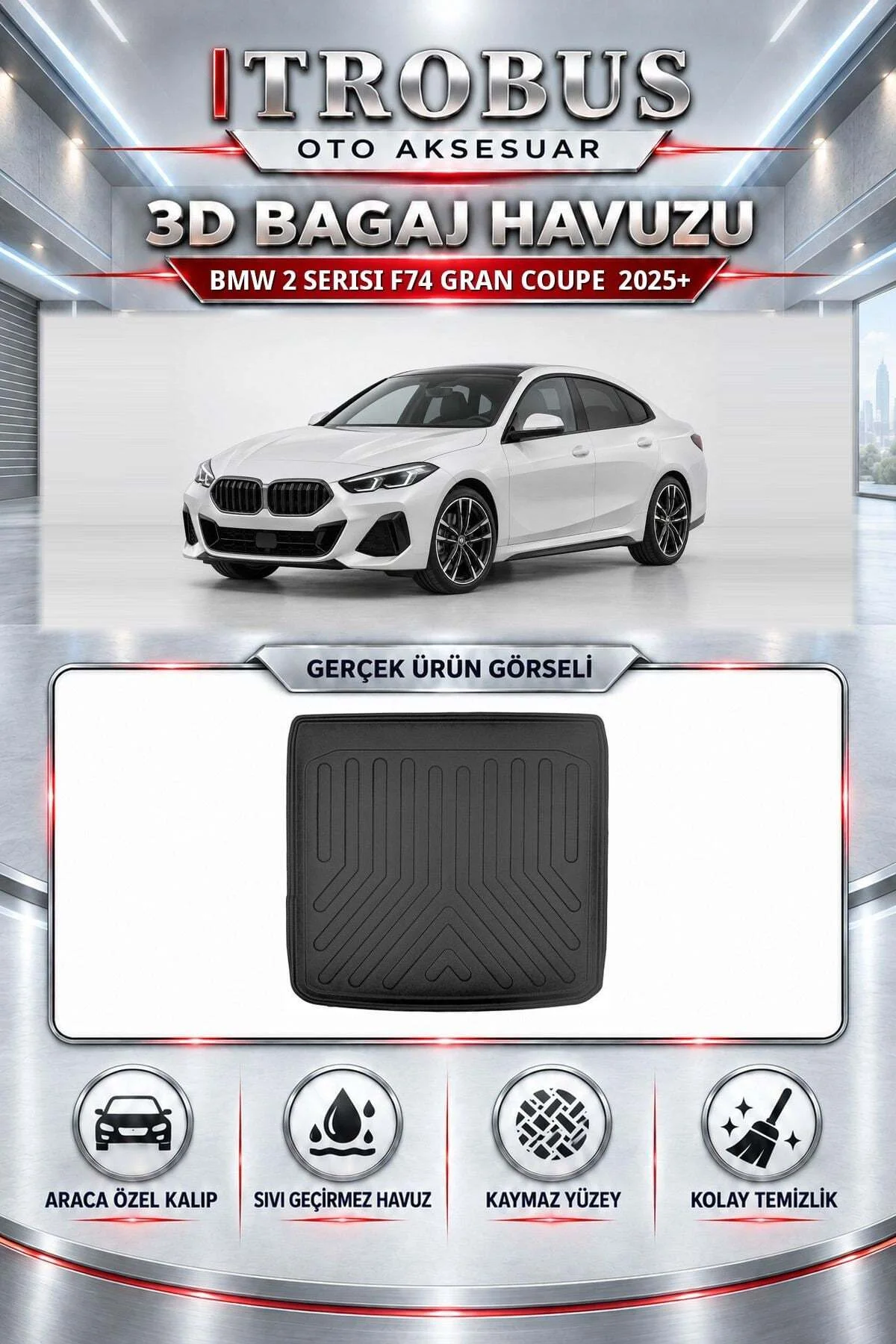 BMW 2 Serisi F74 Gran Coupe 2025 Sonrası Araca Özel 3D Bagaj Havuzu BMW 2 Serisi F74 Gran Coupe 2025 Sonrası Araca Özel 3D Bagaj Havuzu