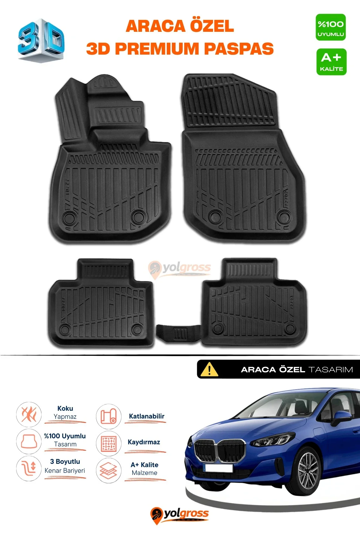Bmw 2 Serisi U06 Active Tourer 3D Pro Havuzlu Paspas 2021 Üzeri A+ Kalite