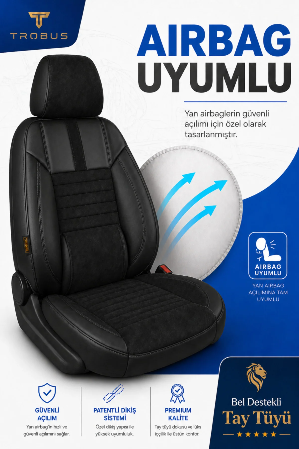 BMW 3 2005+ Uyumlu Apex Serisi Tay Tüyü Bel Destekli Siyah Premium Koltuk Kılıfı