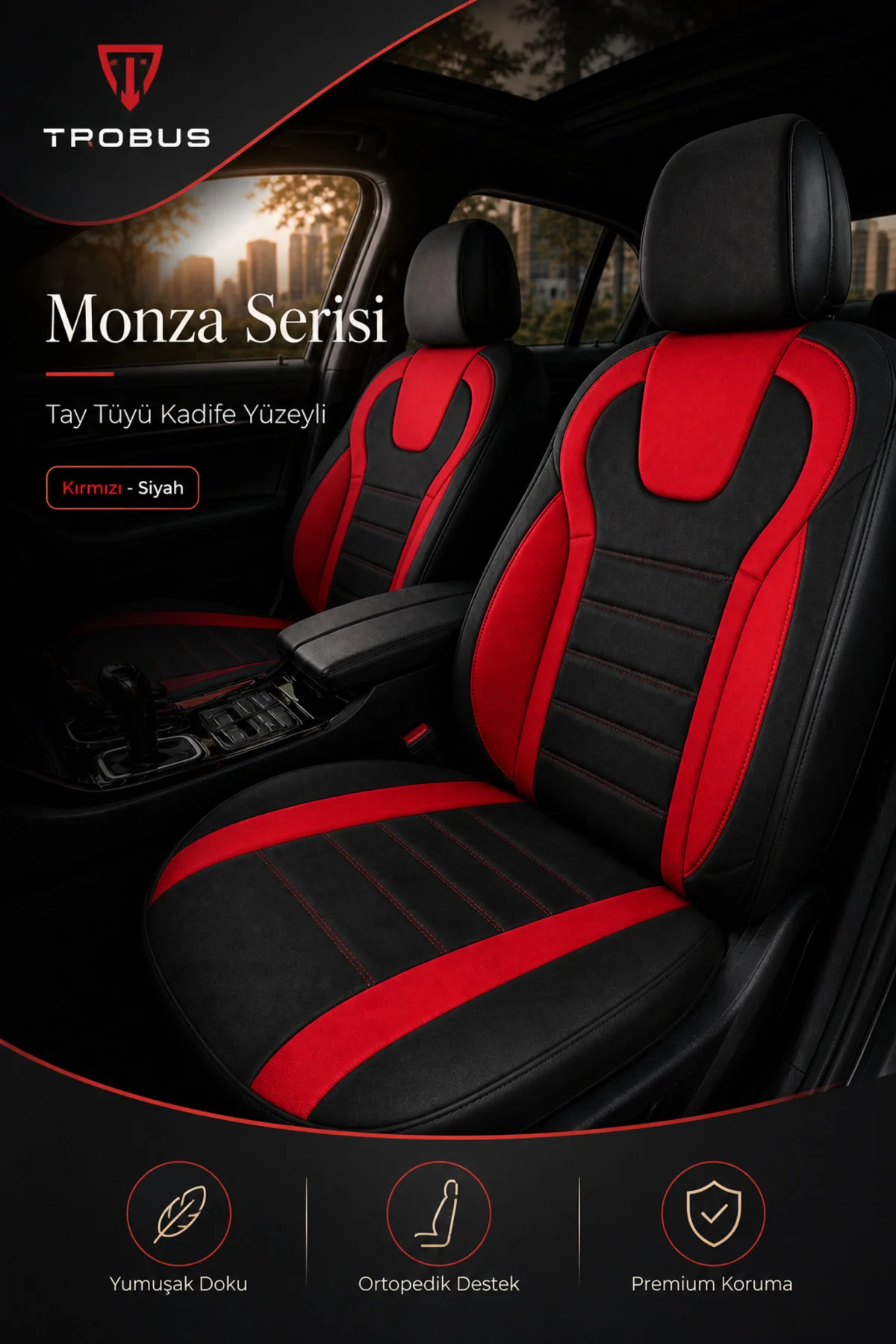 BMW 3 2005+ Uyumlu Monza Serisi Sport Tay Tüyü Kadife Siyah Kırmızı Koltuk Kılıfı