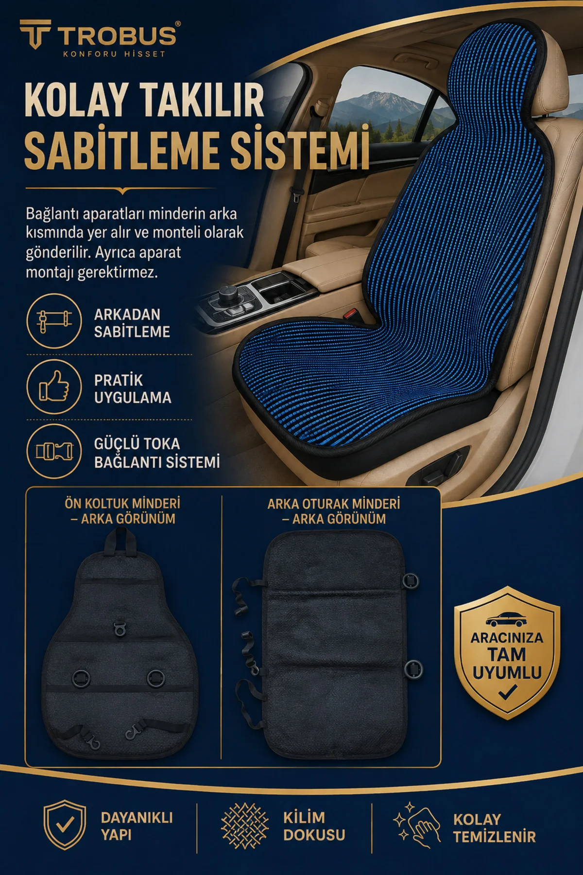 BMW 3 Serisi 2005 ve Sonrası Uyumlu Örme Kilim 3 Parça Minder Siyah Mavi