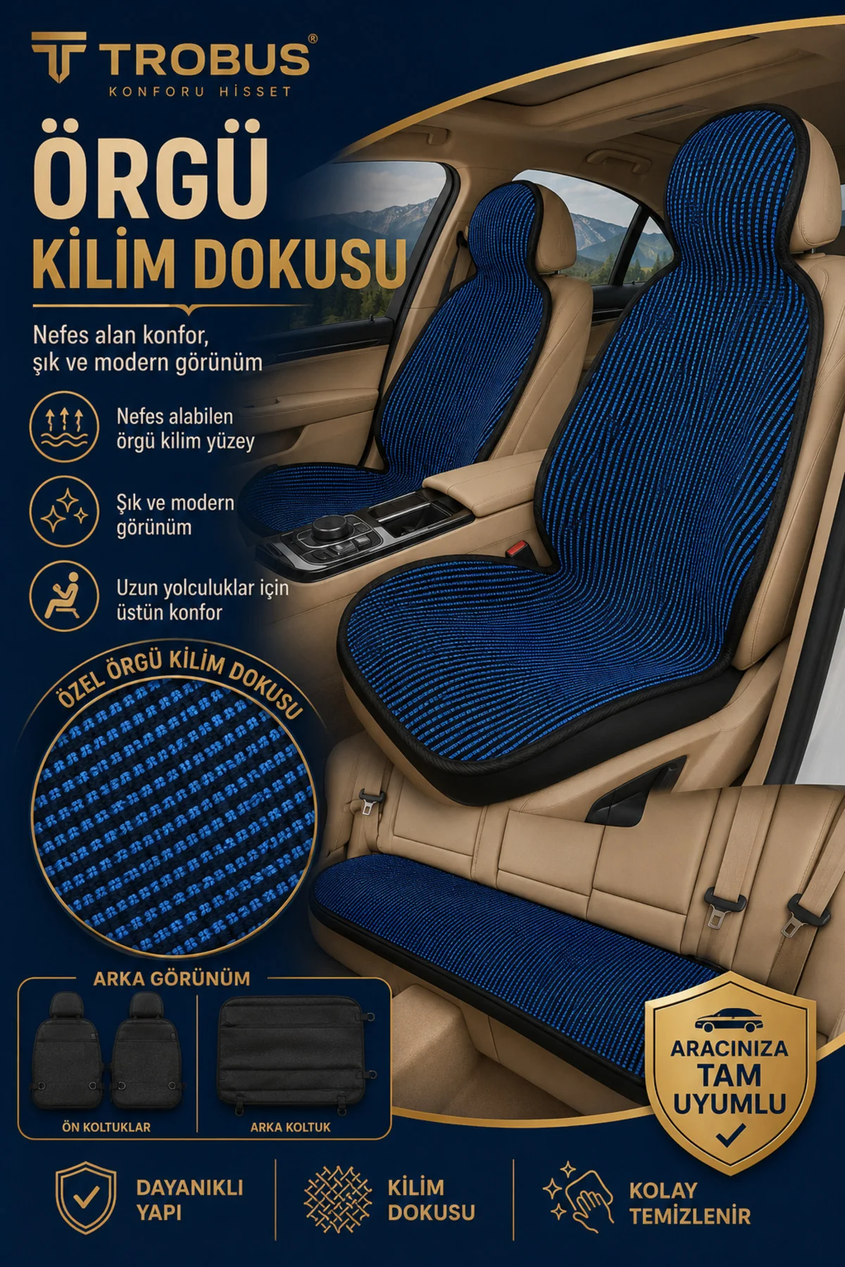 BMW 3 Serisi 2005 ve Sonrası Uyumlu Örme Kilim 3 Parça Minder Siyah Mavi