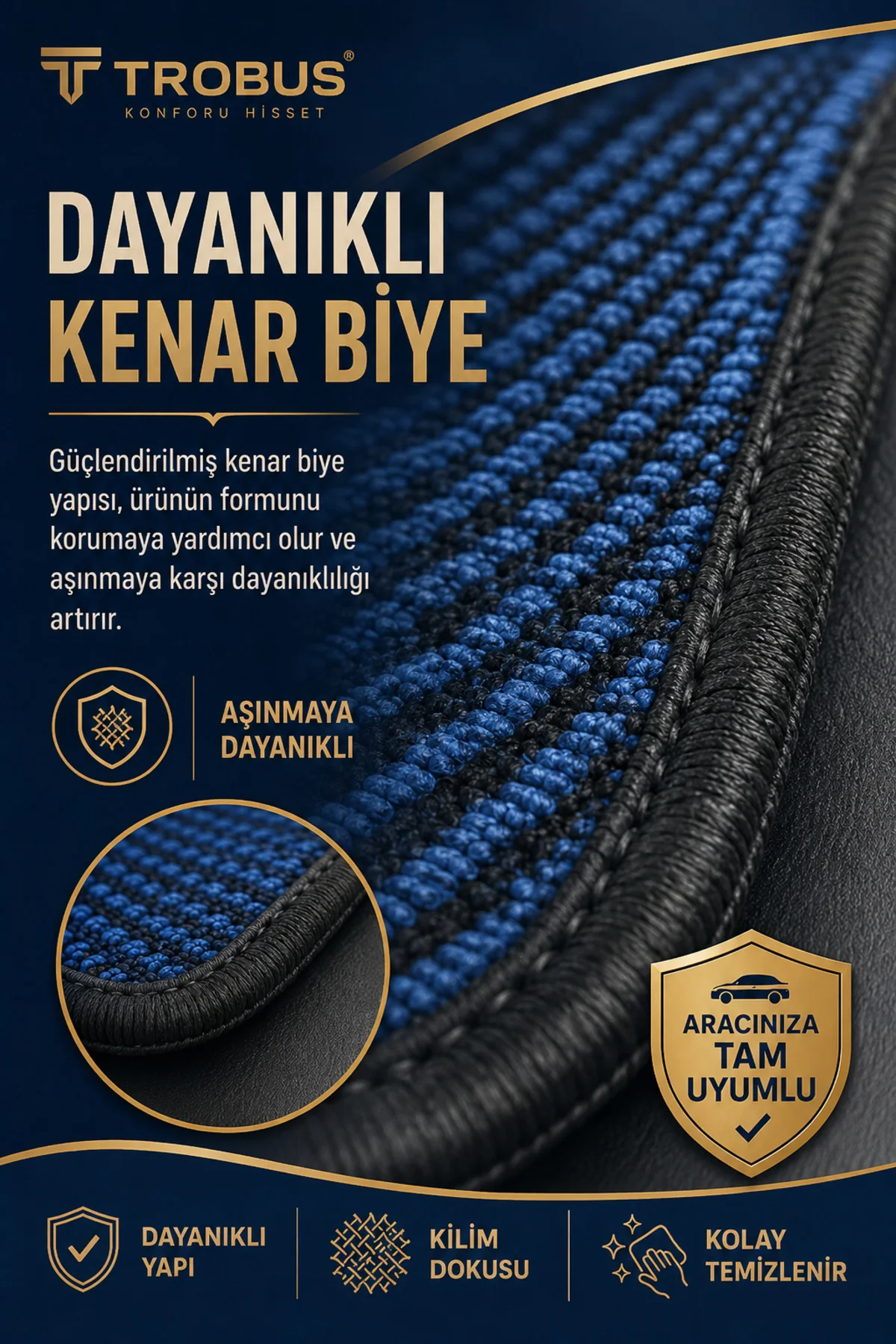 BMW 3 Serisi 2005 ve Sonrası Uyumlu Örme Kilim 3 Parça Minder Siyah Mavi