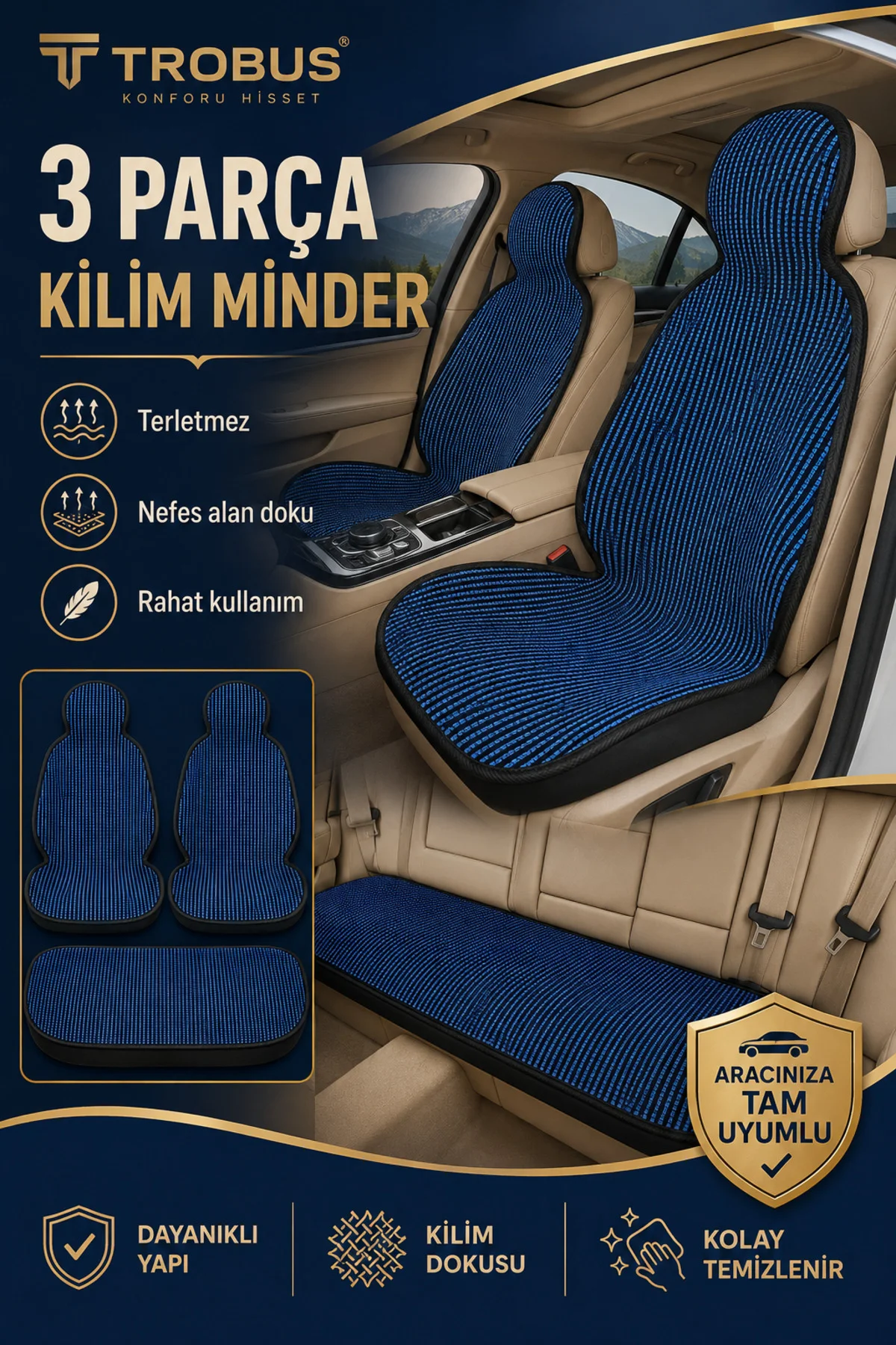 BMW 3 Serisi 2005 ve Sonrası Uyumlu Örme Kilim 3 Parça Minder Siyah Mavi