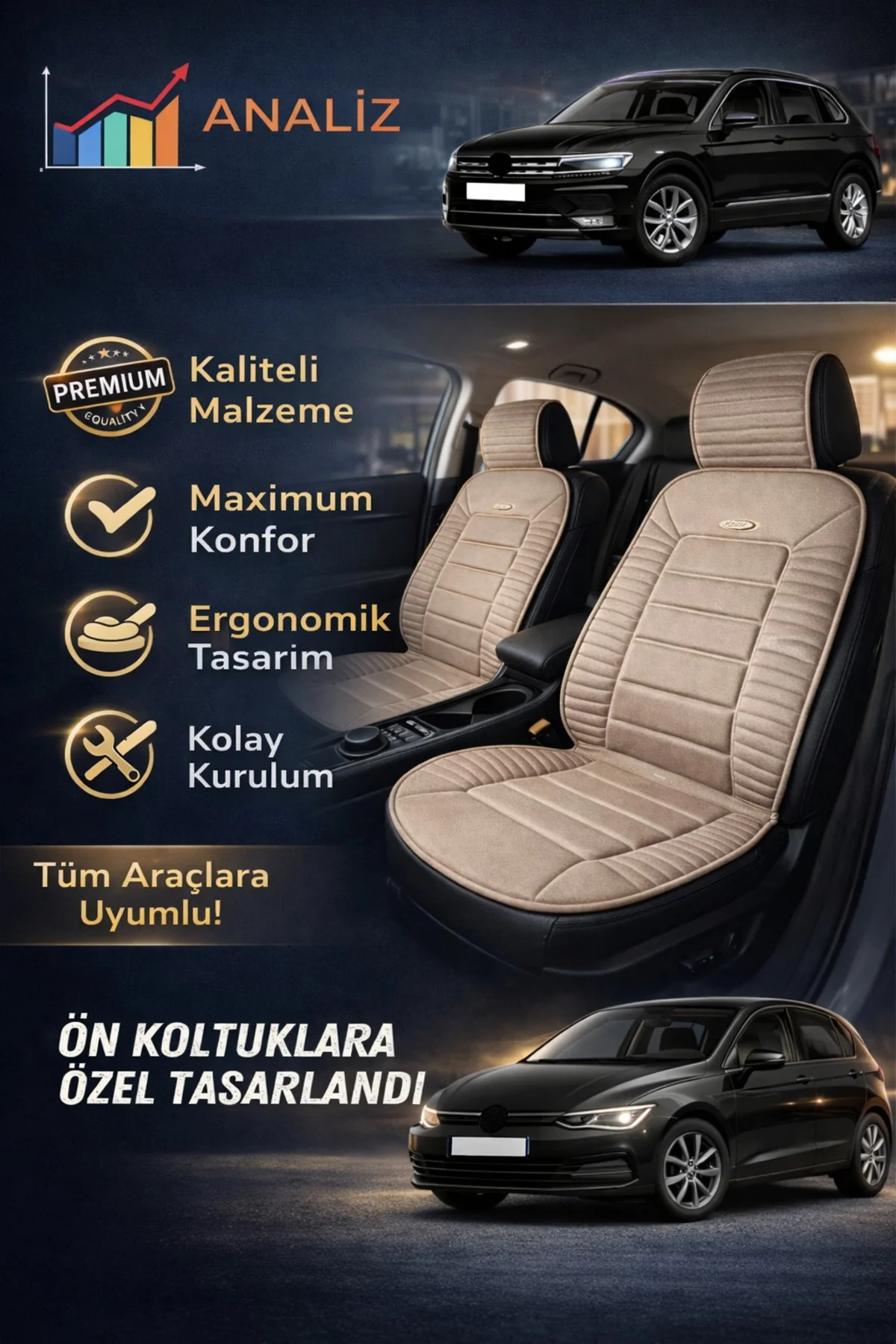 BMW 3 Serisi 2005 ve Sonrası Uyumlu Vento Serisi Bej 2'li Minder Seti