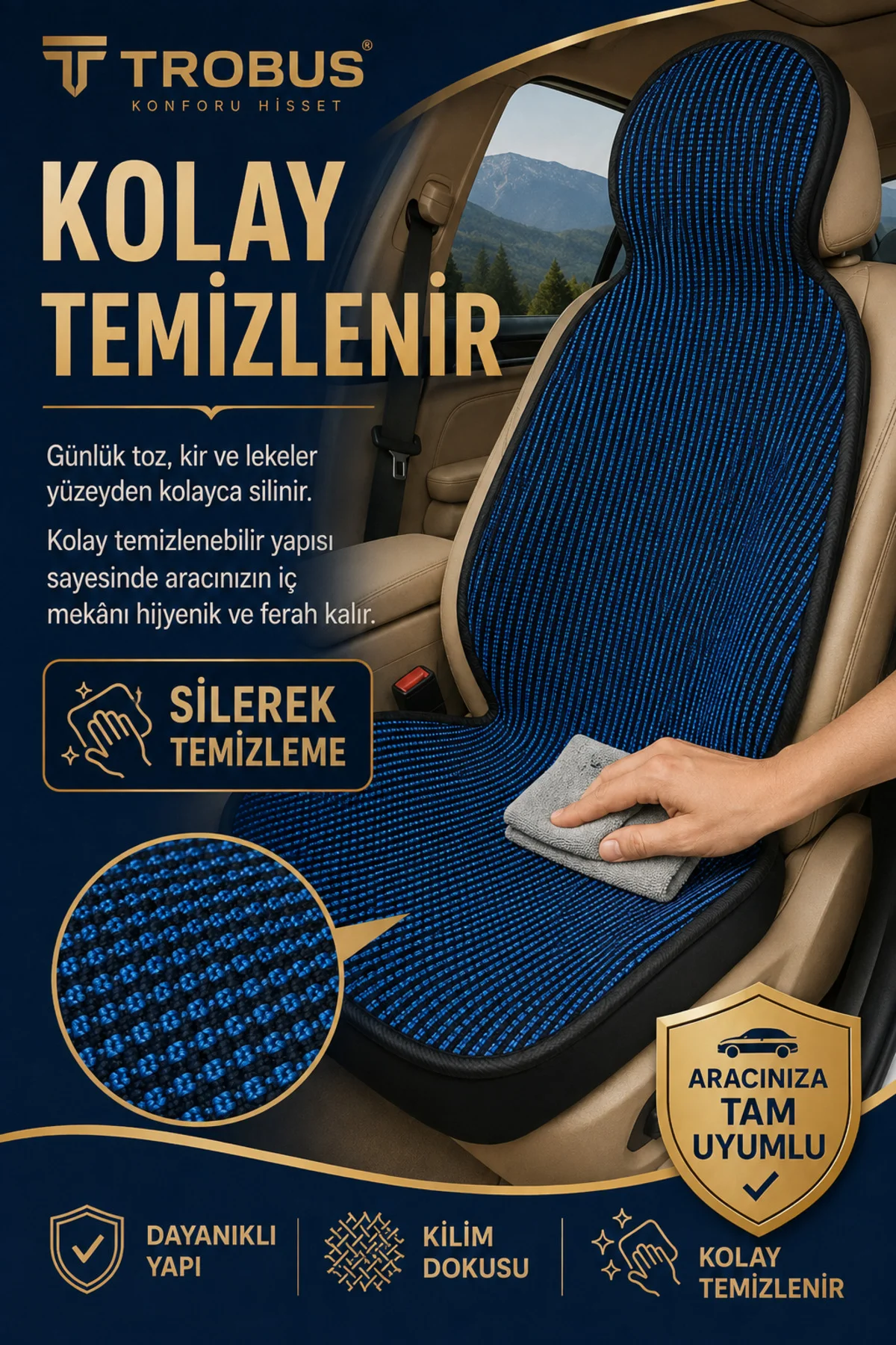 BMW 3 Serisi 2005 ve Sonrası Uyumlu Örme Kilim 3 Parça Minder Siyah Mavi