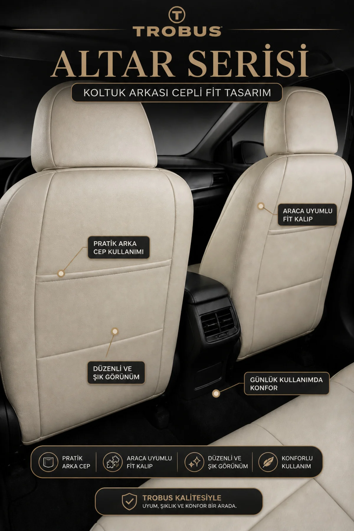 BMW 3 Serisi E90 2005-2012 Uyumlu Altar Serisi Tay Tüyü Bej Premium Koltuk Kılıfı