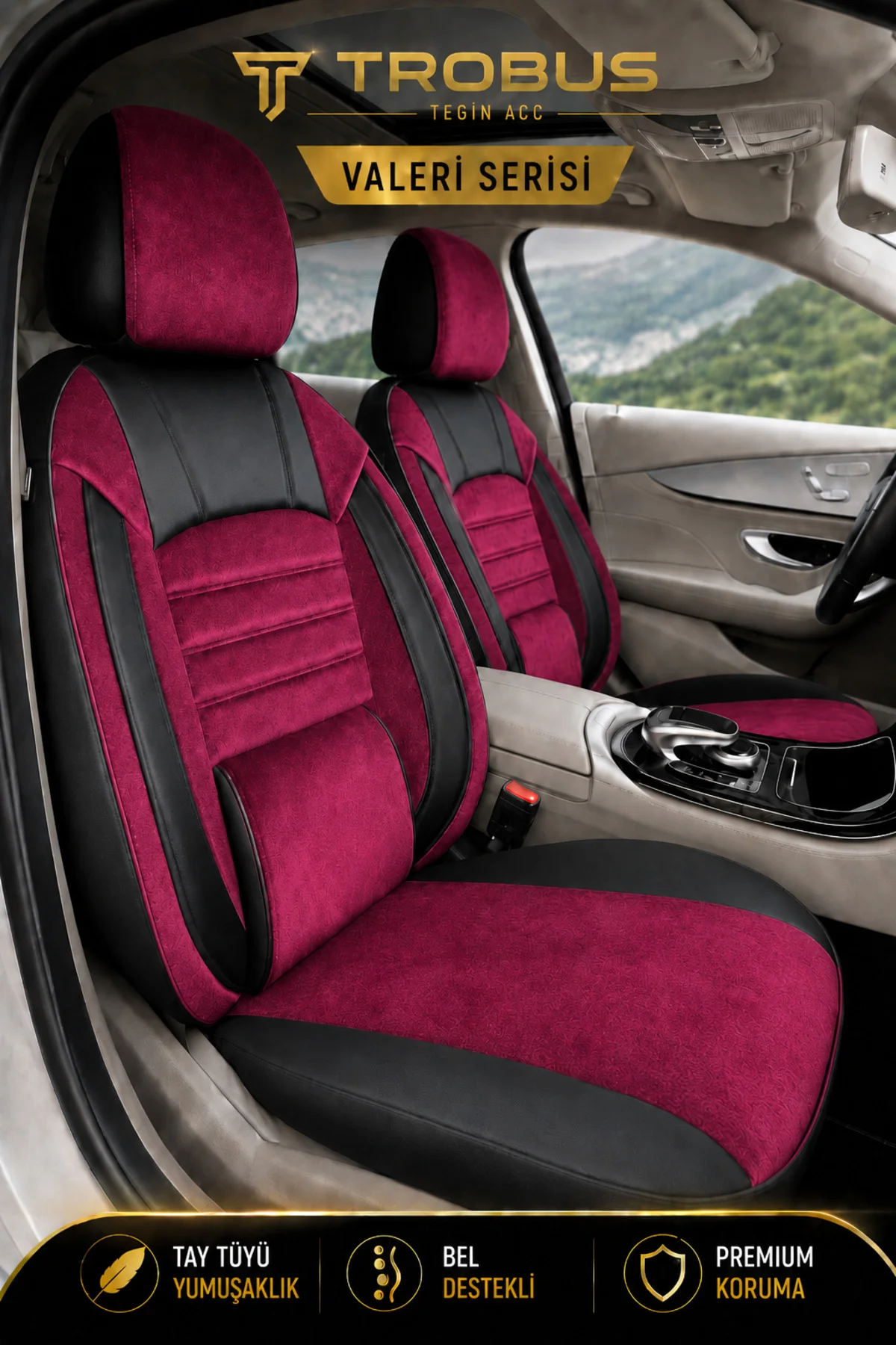 Bmw 3 Serisi E90 2005-2012 Uyumlu Valeria Serisi Bordo Siyah Bel Destekli Tay Tüyü Koltuk Kılıfı