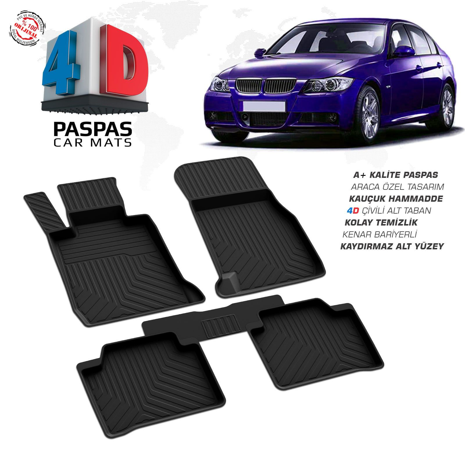 Bmw 3 Serisi E90 4D Araca Özel Havuzlu Kauçuk Paspas 2005-2012