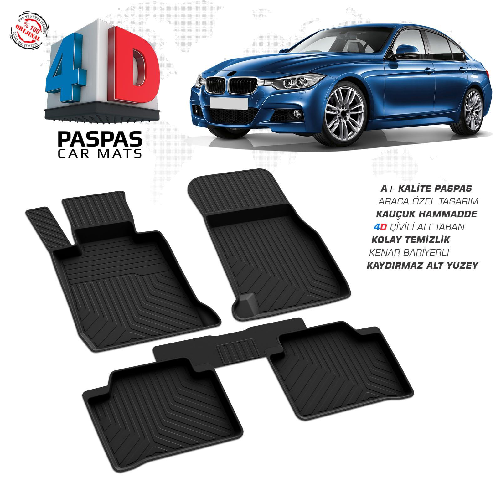 Bmw 3 Serisi F30 4D Araca Özel Havuzlu Kauçuk Paspas 2011 ve Üzer