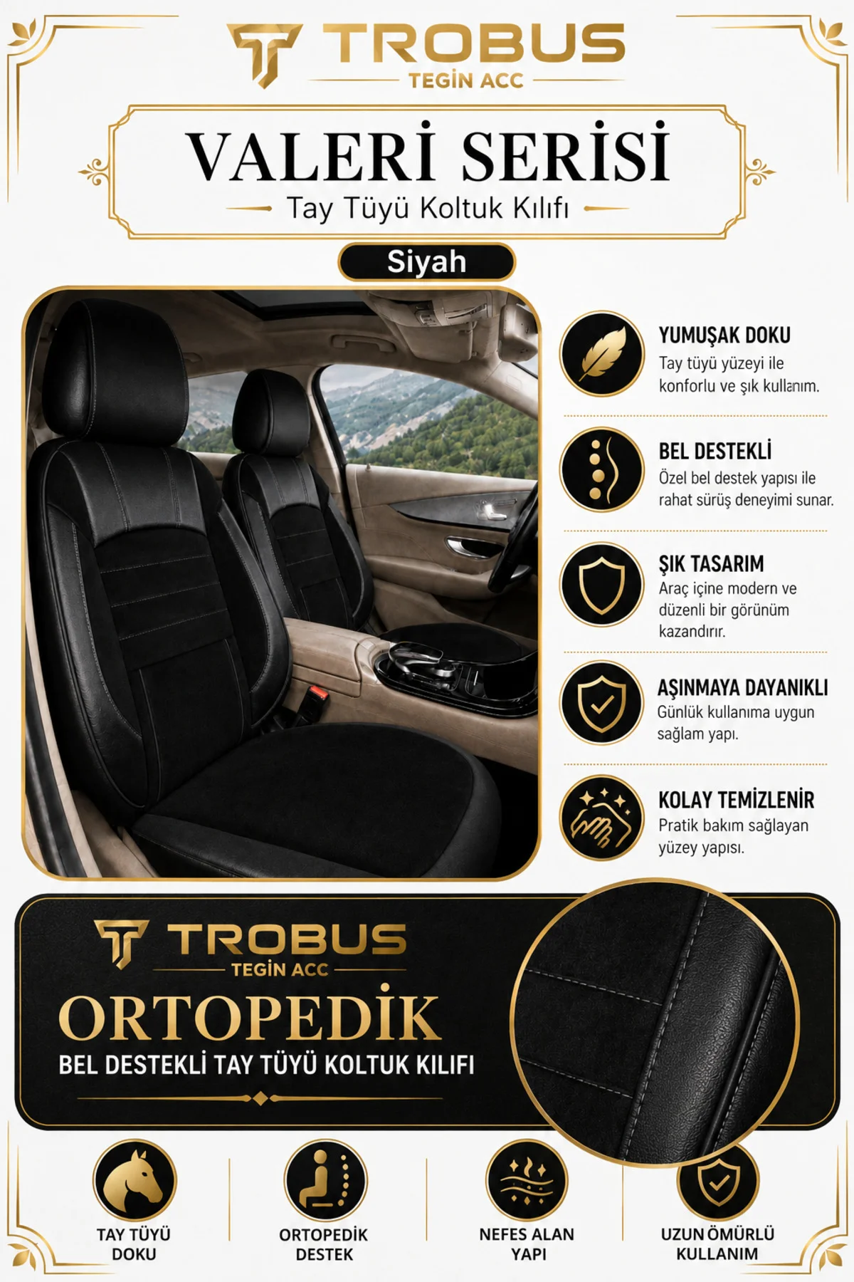 BMW 3.16-3L 2012-2015 Uyumlu Valeria Serisi Tay Tüyü Oto Koltuk Kılıfı Siyah
