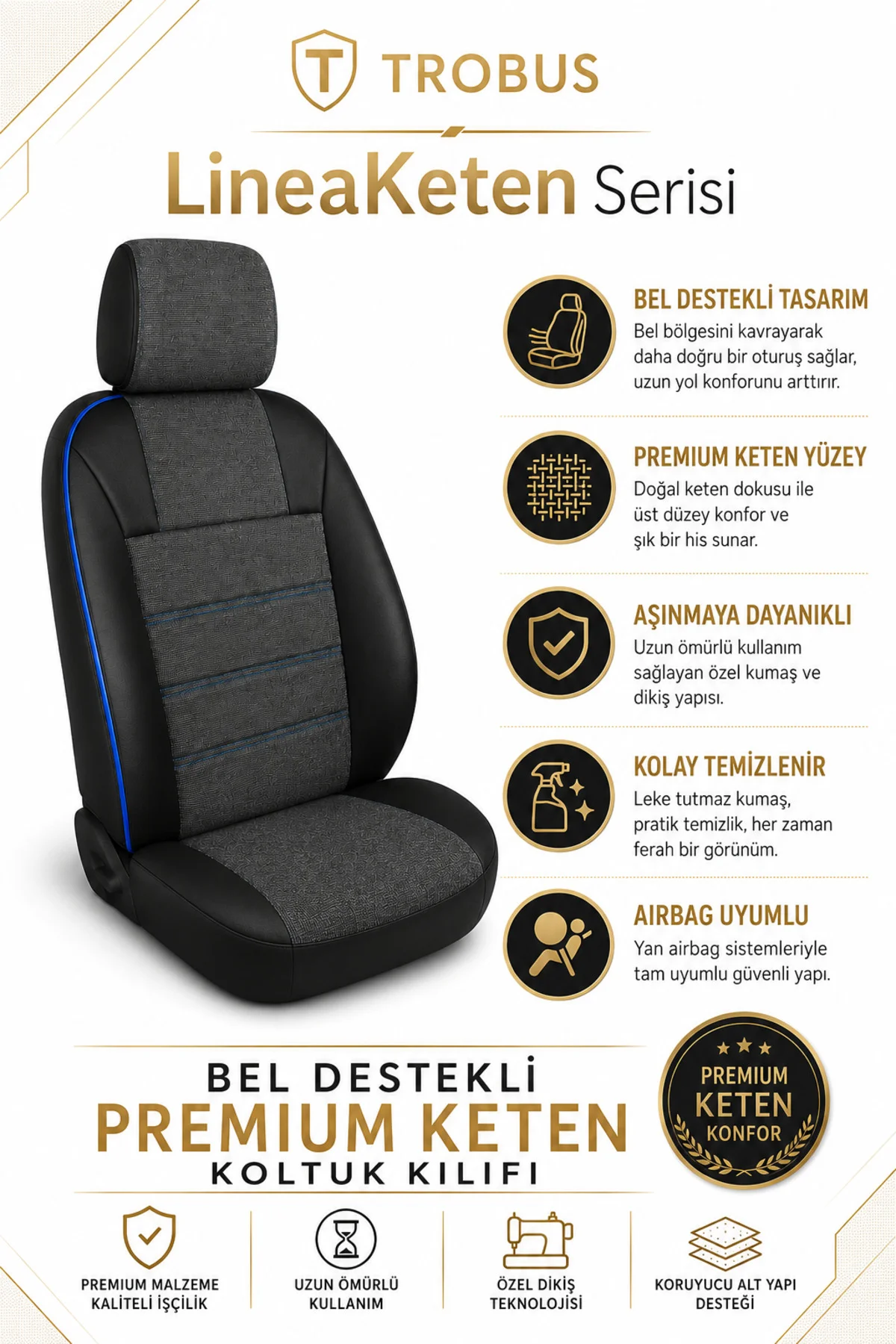 BMW 3.2 2012-2016 Uyumlu LineaKeten Serisi Ortopedik Füme Mavi Koltuk Kılıfı