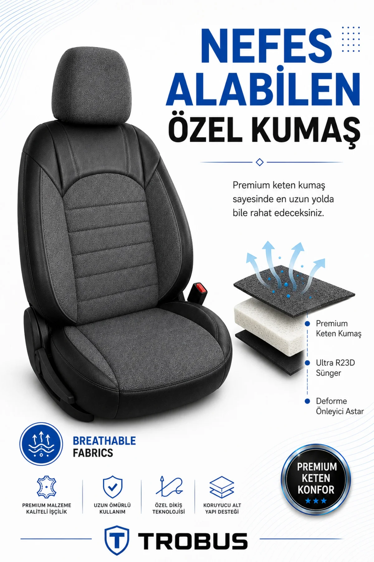 BMW 3.2 2012-2016 Uyumlu Levante Serisi Bel Destekli Keten Füme Koltuk Kılıfı