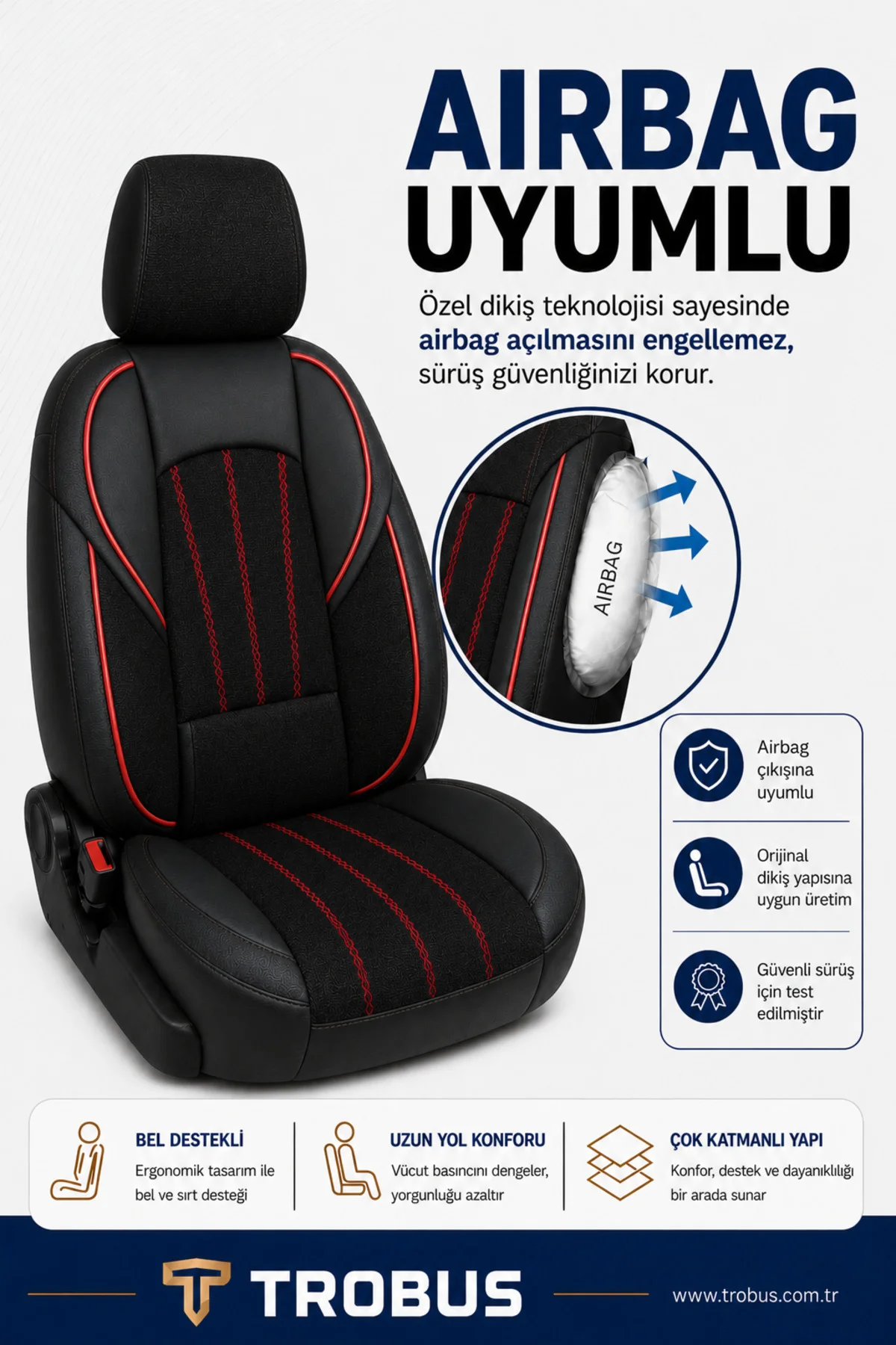 BMW 3.20 1993-1999 Uyumlu ANKAFLEX Bel Destekli Keten Deri Siyah Kırmızı Koltuk Kılıfı