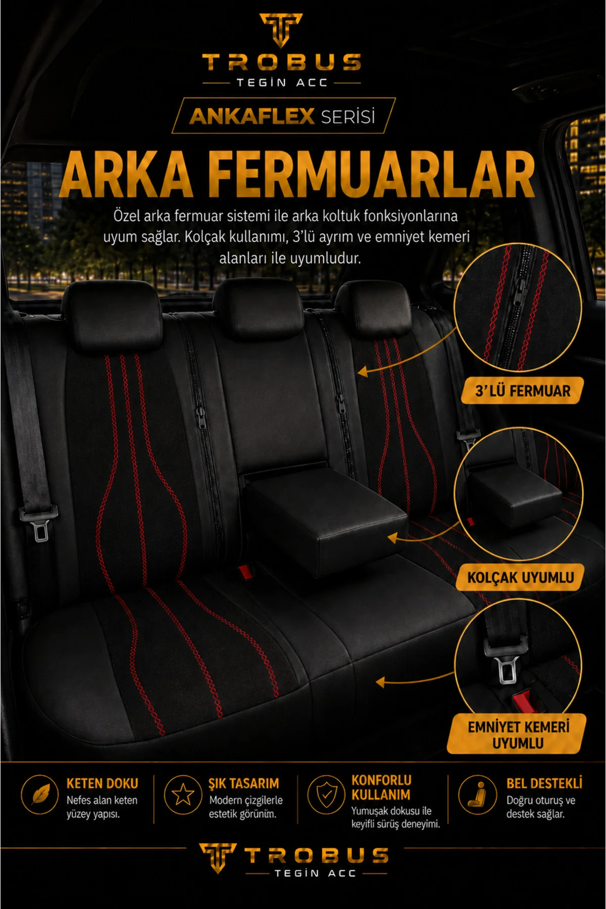 BMW 3.20 1993-1999 Uyumlu ANKAFLEX Bel Destekli Keten Deri Siyah Kırmızı Koltuk Kılıfı