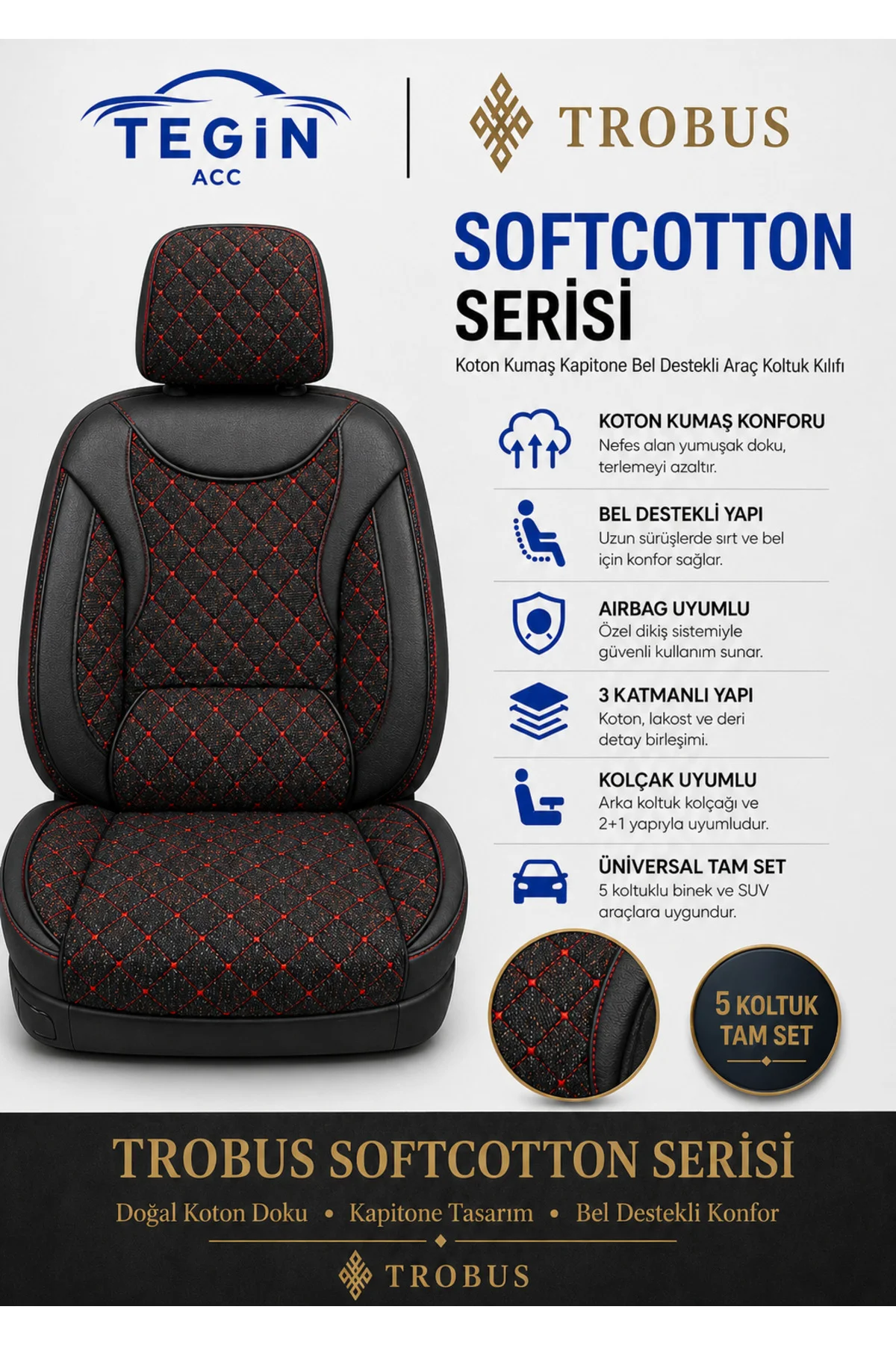 BMW 3.20 1993-1999 Uyumlu SoftCotton Serisi Pamuklu Oto Koltuk Kılıfı Kırmızı