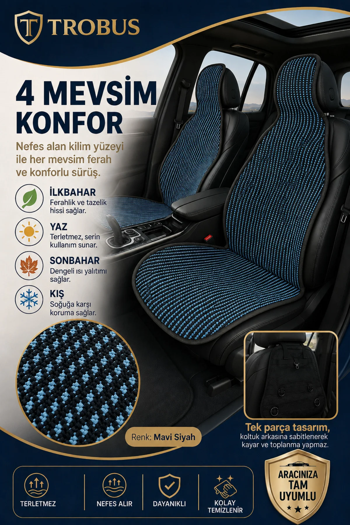 BMW 3.20 1993-1999 Uyumlu Örme Ön 2 Parça Oto Koltuk Minderi Terletmez Kaymaz Taban Siyah - Mavi Fiyatı, Yorumları ve Özellikleri
