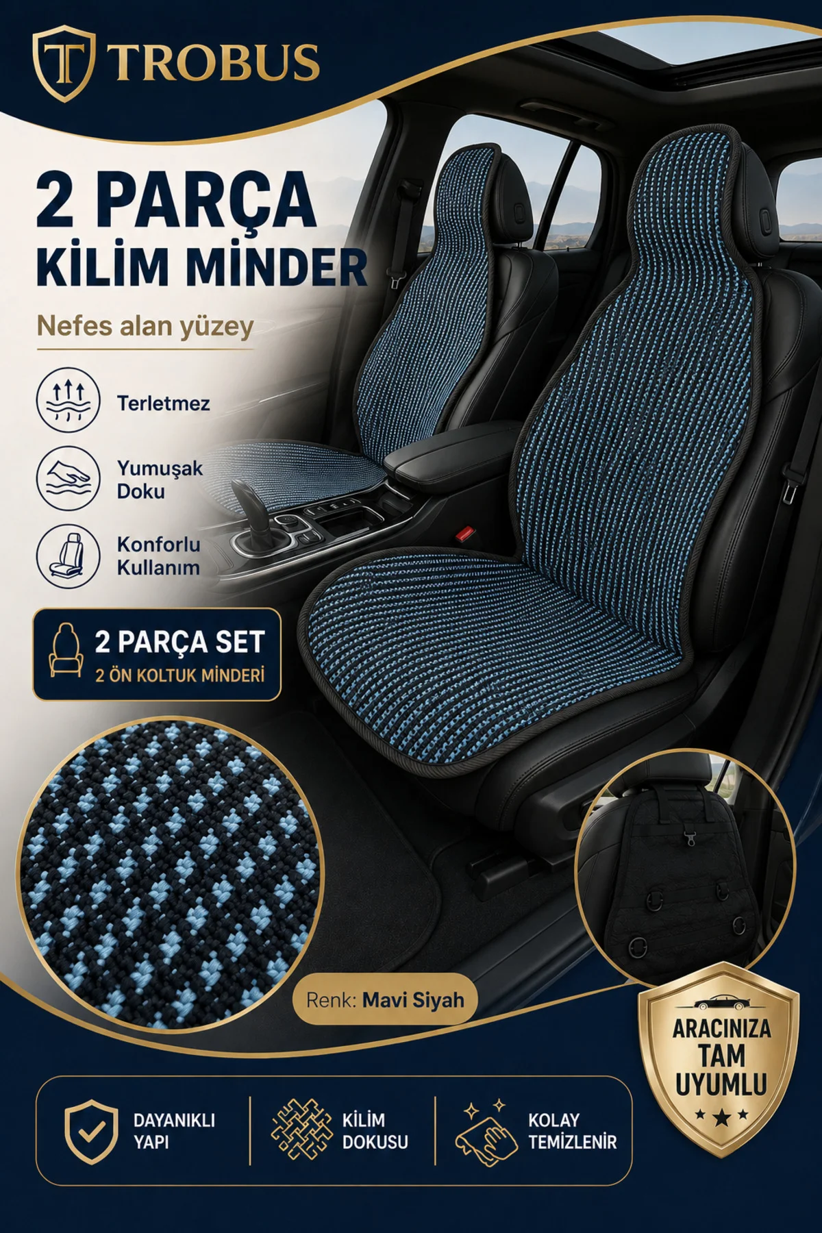 BMW 3.20 1993-1999 Uyumlu Örme Ön 2 Parça Oto Koltuk Minderi Terletmez Kaymaz Taban Siyah - Mavi Fiyatı, Yorumları ve Özellikleri