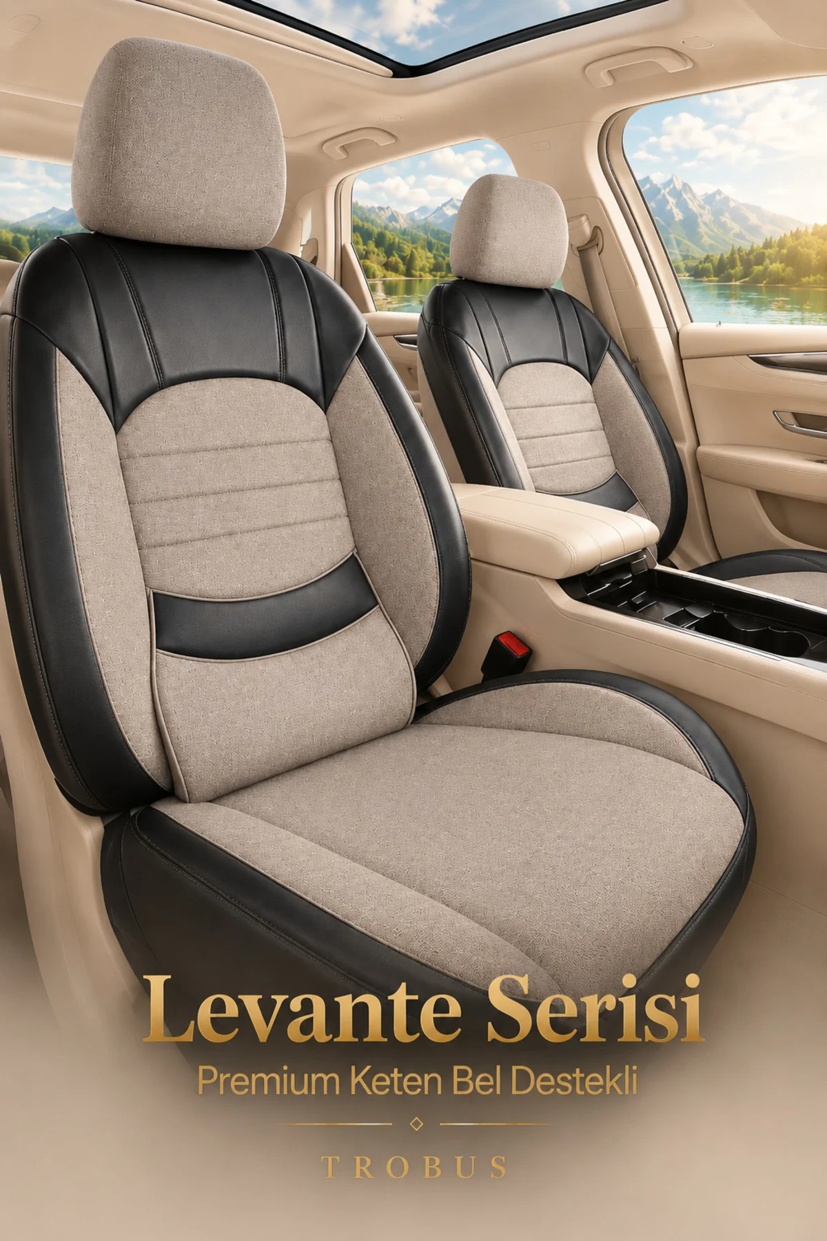 BMW 3.20 1993-1999 Uyumlu Levante Serisi Bel Destekli Keten Bej Siyah Koltuk Kılıfı