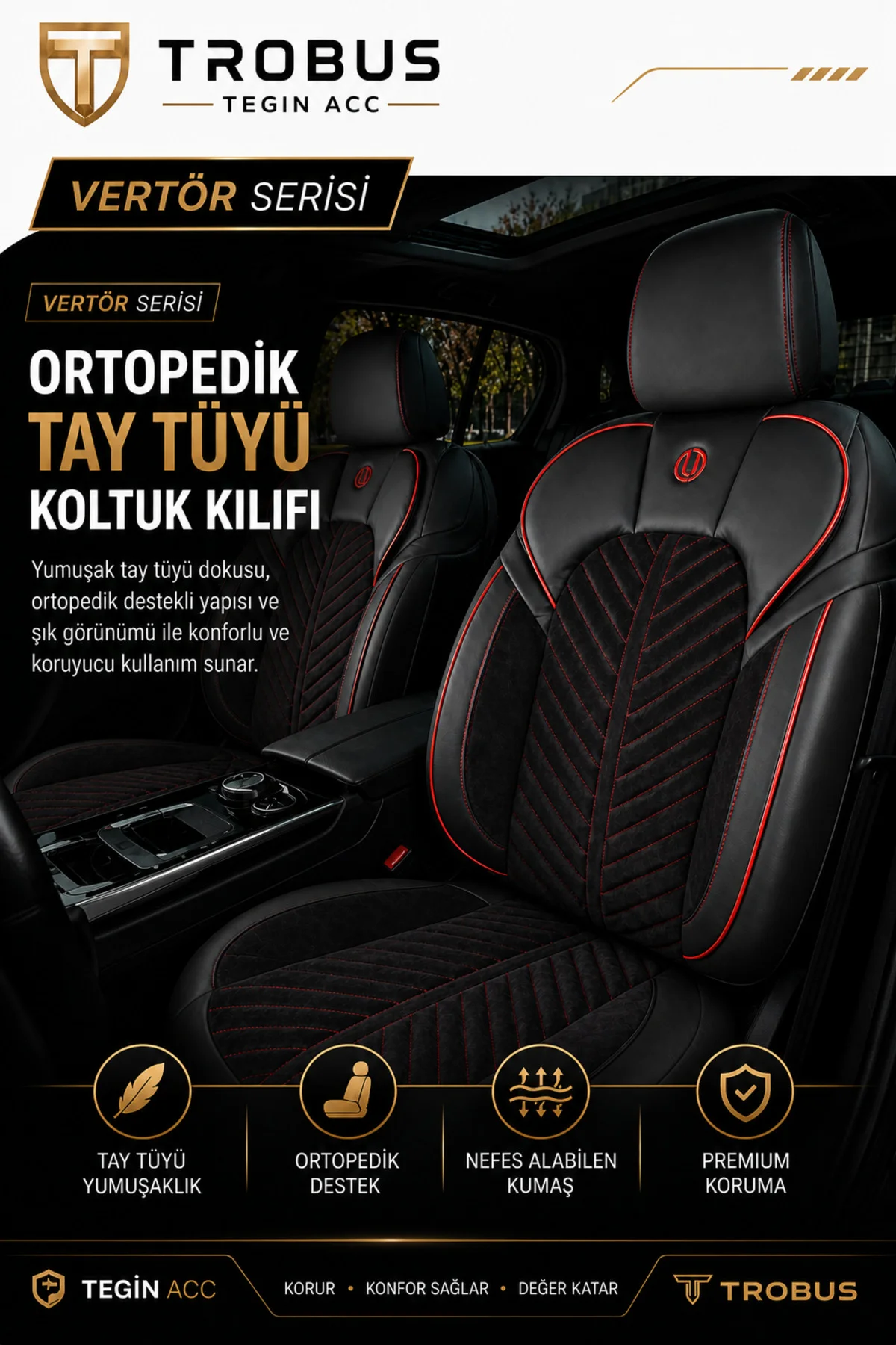 BMW 3.20 İ 2015-2018 Uyumlu Süvari Serisi Tay Tüyü Siyah Kırmızı Premium Koltuk Kılıfı