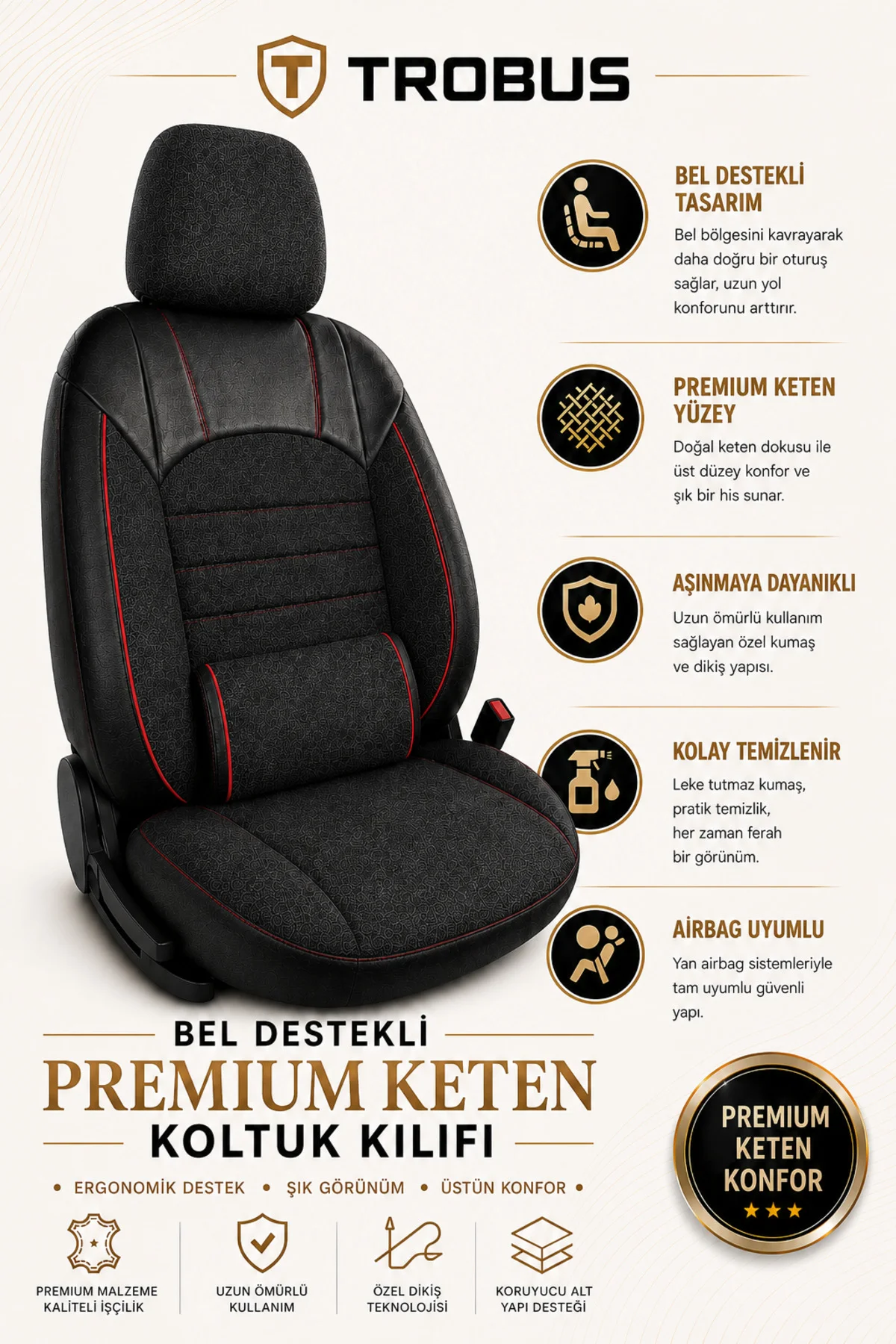 BMW E30 90 1989-1994 Uyumlu Levante Serisi Bel Destekli Keten Füme Kırmızı Koltuk Kılıfı