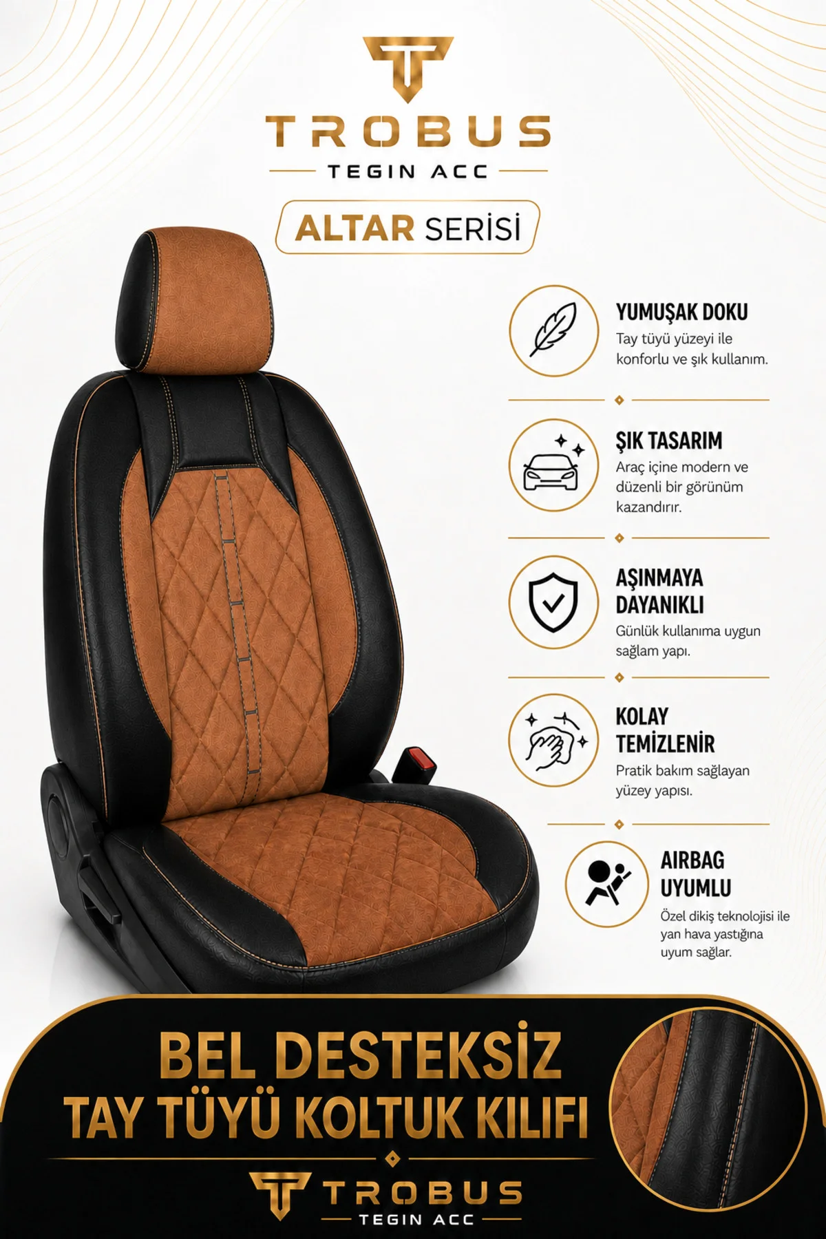 BMW E30 90 1989-1994 Uyumlu Altar Serisi Tay Tüyü Taba Siyah Premium Koltuk Kılıfı