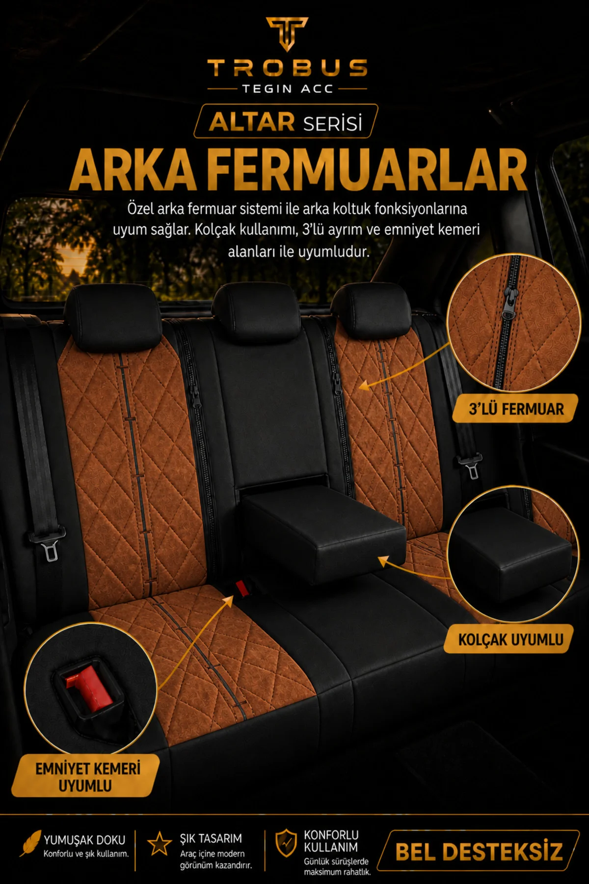 BMW E30 90 1989-1994 Uyumlu Altar Serisi Tay Tüyü Taba Siyah Premium Koltuk Kılıfı