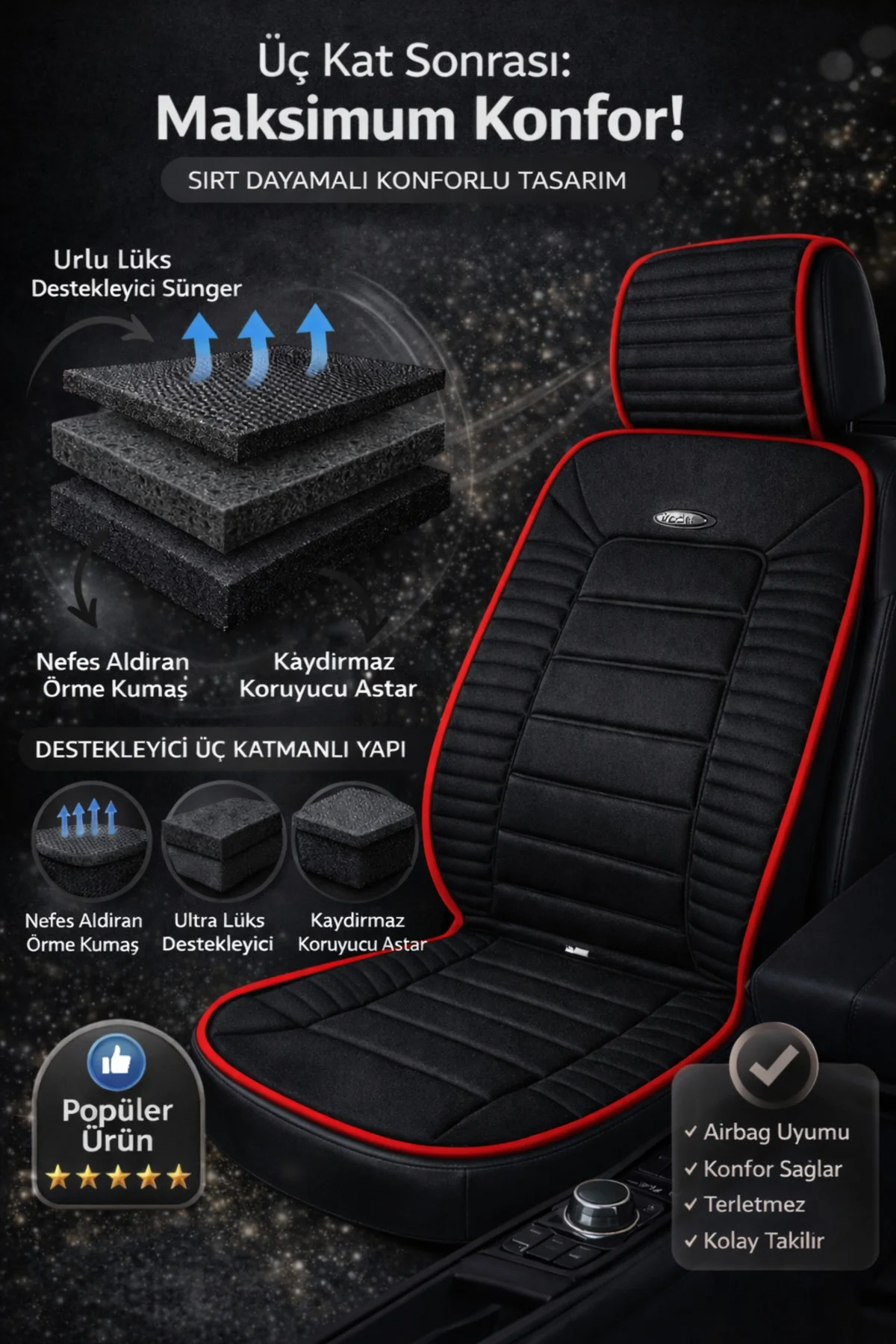 BMW E30-90 1989-1994 Uyumlu Vento 2 Parça Ön Oto Koltuk Minderi Terletmez Siyah - Kırmızı Fiyatı, Yorumları ve Özellikleri