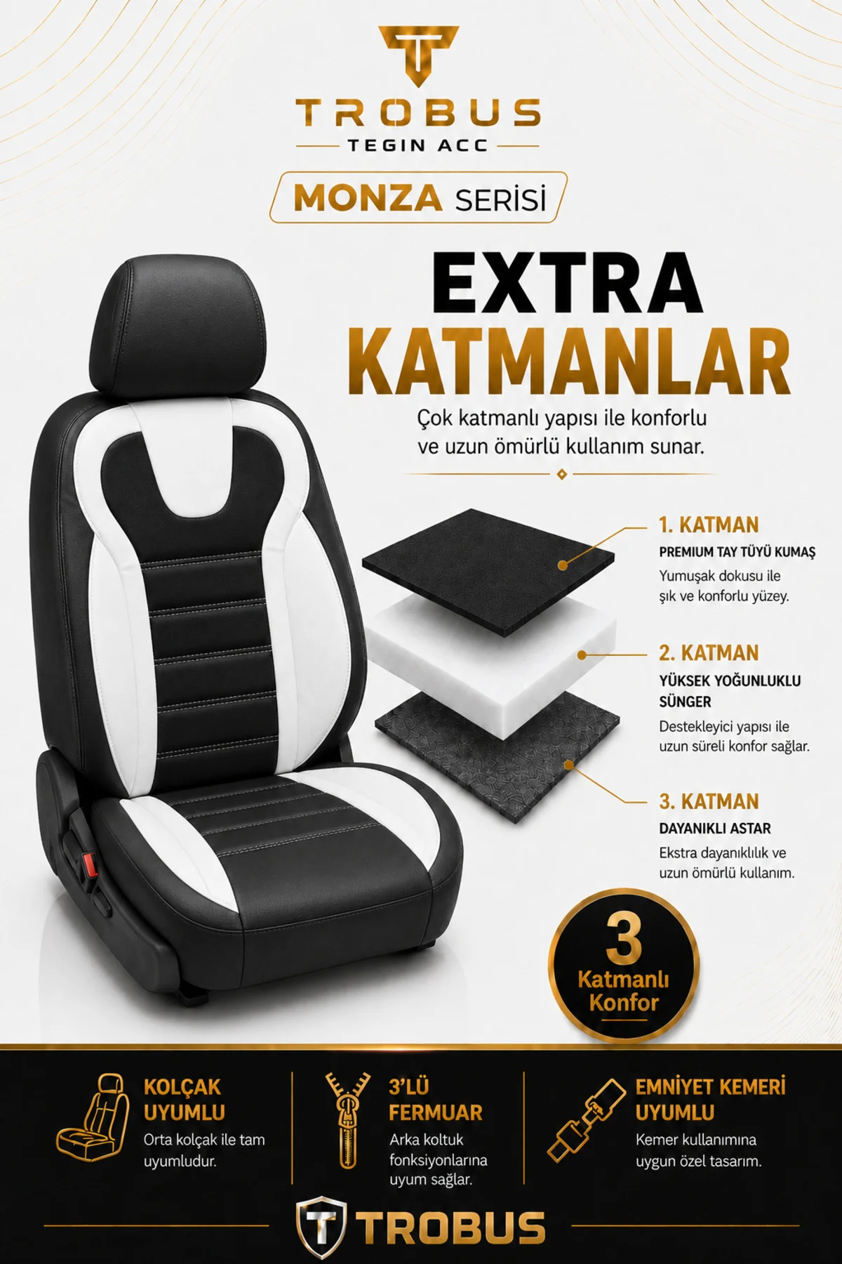 BMW E30-90 1989-1994 Uyumlu Monza Serisi Tay Tüyü Oto Koltuk Kılıfı Siyah Beyaz