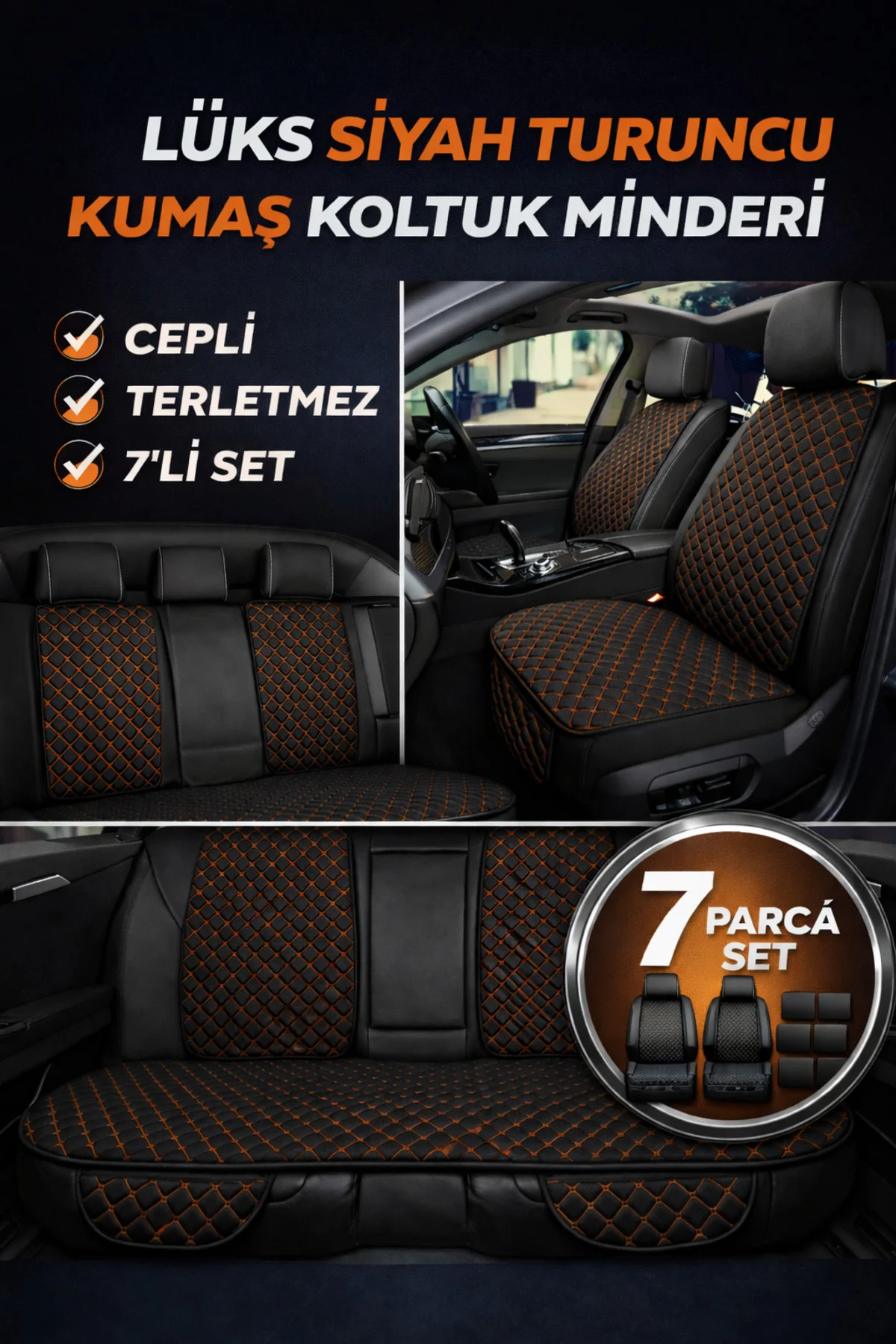 BMW İ Serisi F20 2011-2015 7 Parça Kapitone Desen Kumaş Oto Koltuk Minderi Siyah Turuncu Fiyatı, Yorumları ve Özellikleri